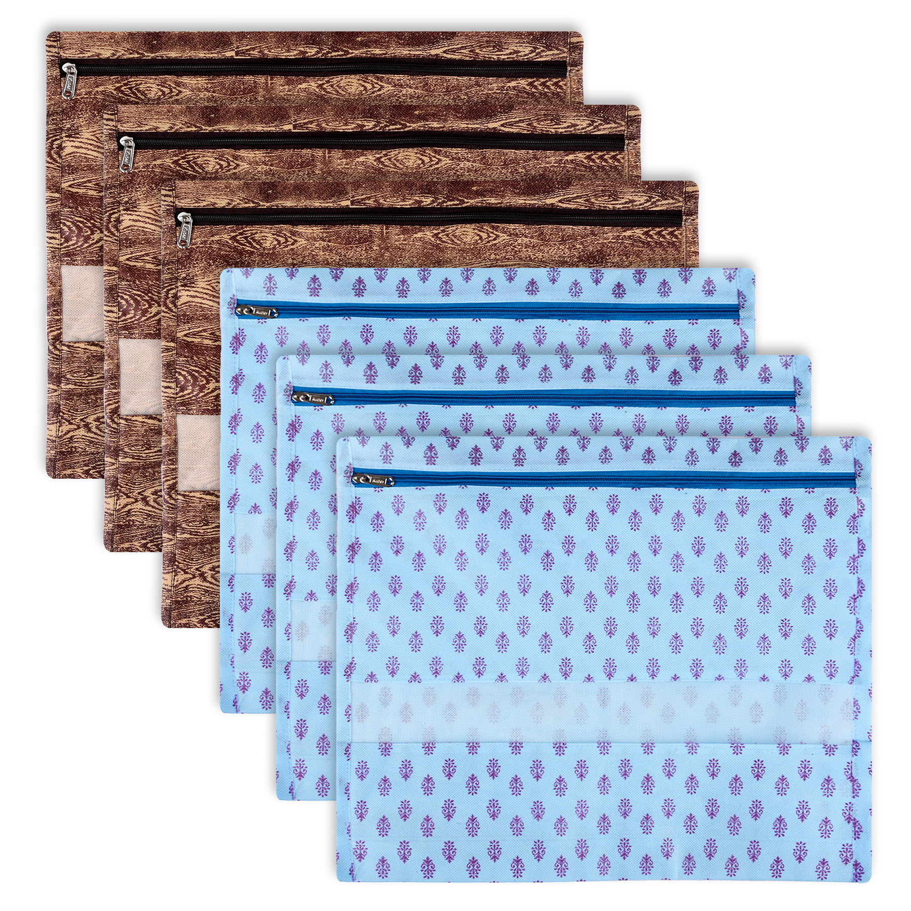 Kuber Industries Saree Bags | Clothes Bags for Storage | Non-Woven Wardrobe Organizer | Mesh Window Cloth Storage Bags Set | Single Packing Saree Bags | Printed | Brown & Sky Blue