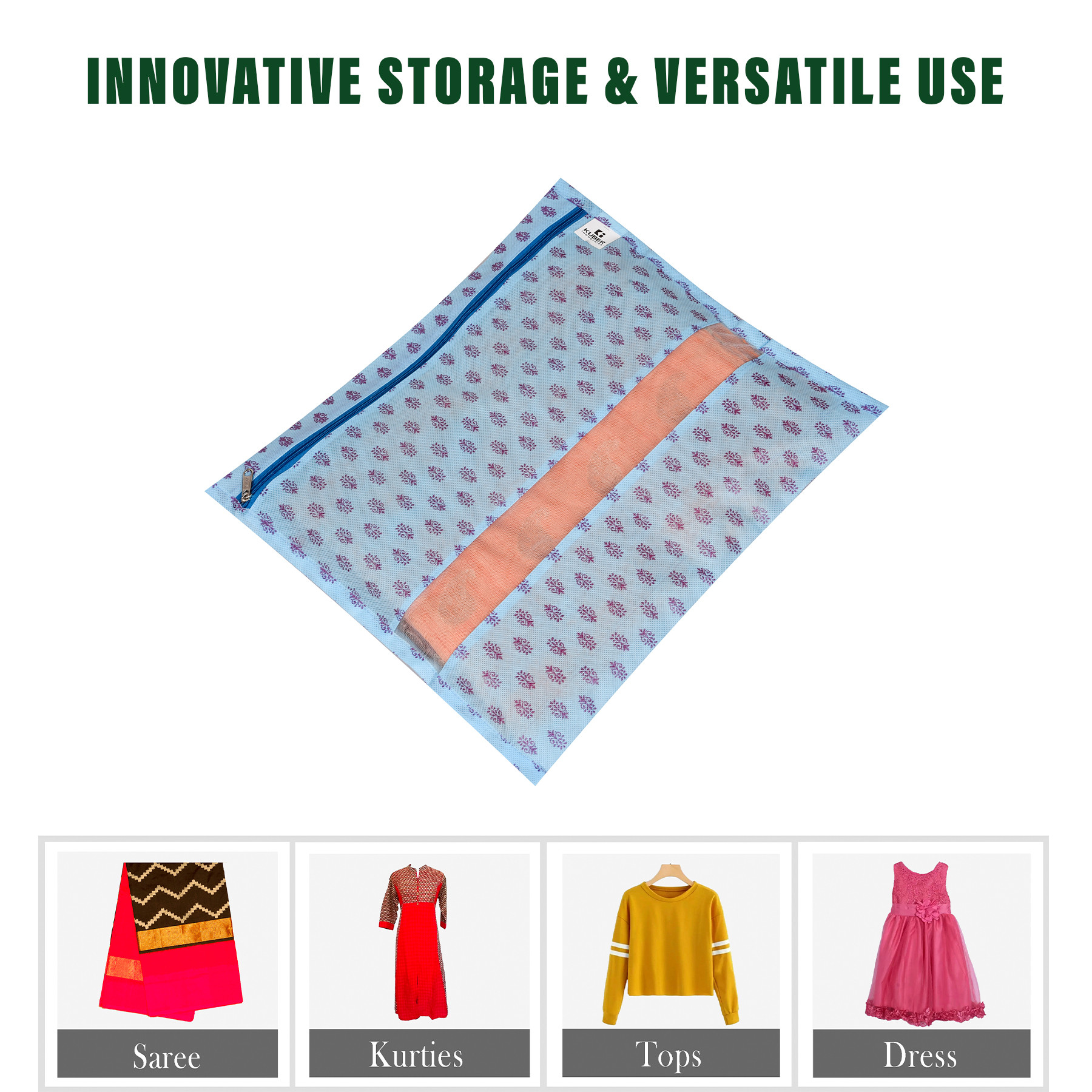Kuber Industries Saree Bags | Clothes Bags for Storage | Non-Woven Wardrobe Organizer | Mesh Window Cloth Storage Bags Set | Single Packing Saree Bags | Printed | Brown & Sky Blue