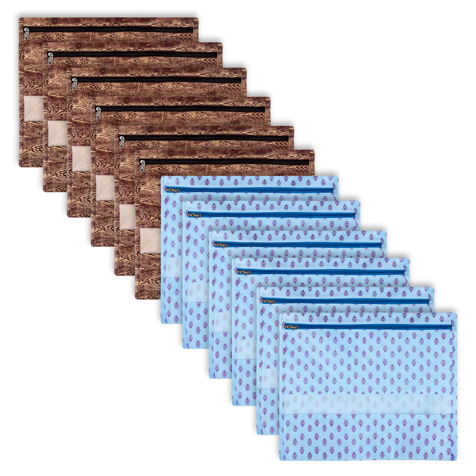 Kuber Industries Saree Bags | Clothes Bags for Storage | Non-Woven Wardrobe Organizer | Mesh Window Cloth Storage Bags Set | Single Packing Saree Bags | Printed | Brown & Sky Blue