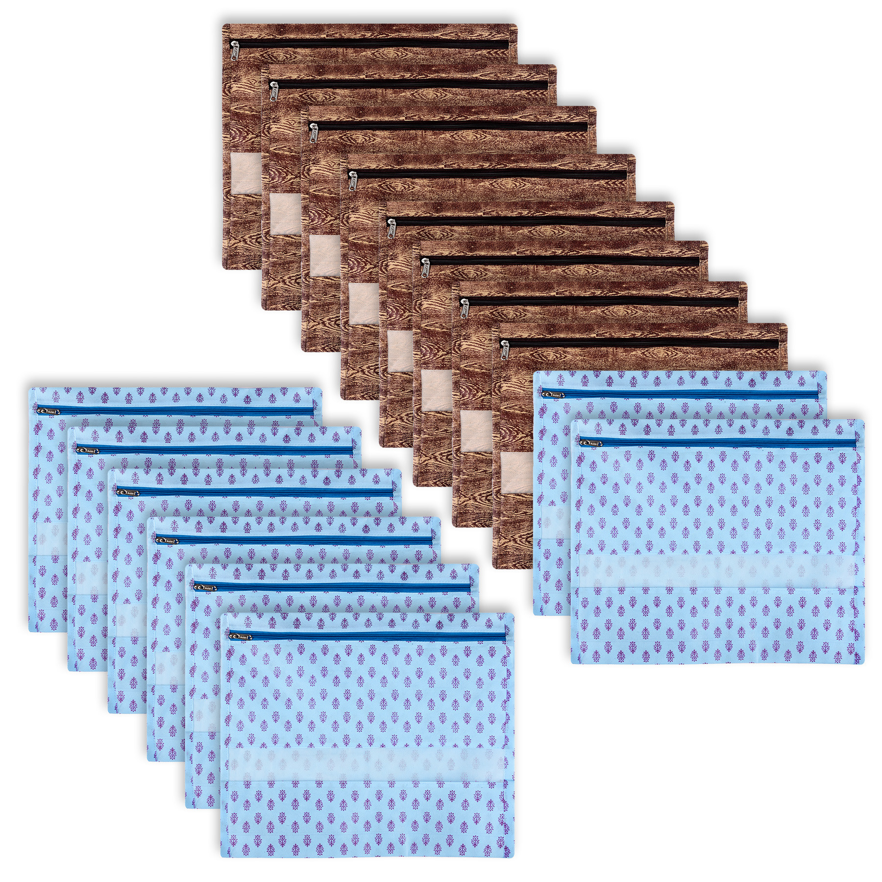 Kuber Industries Saree Bags | Clothes Bags for Storage | Non-Woven Wardrobe Organizer | Mesh Window Cloth Storage Bags Set | Single Packing Saree Bags | Printed | Brown & Sky Blue