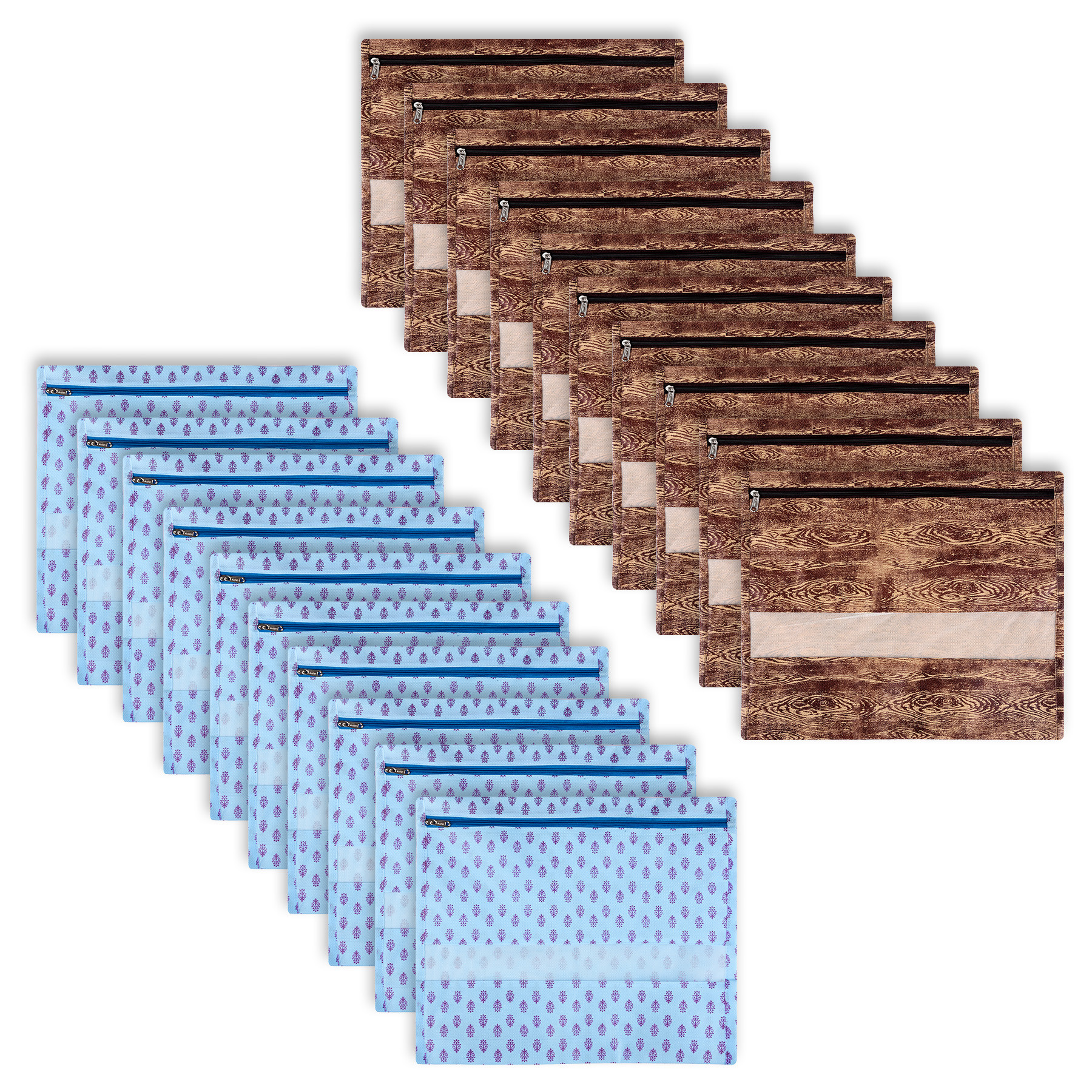 Kuber Industries Saree Bags | Clothes Bags for Storage | Non-Woven Wardrobe Organizer | Mesh Window Cloth Storage Bags Set | Single Packing Saree Bags | Printed | Brown & Sky Blue