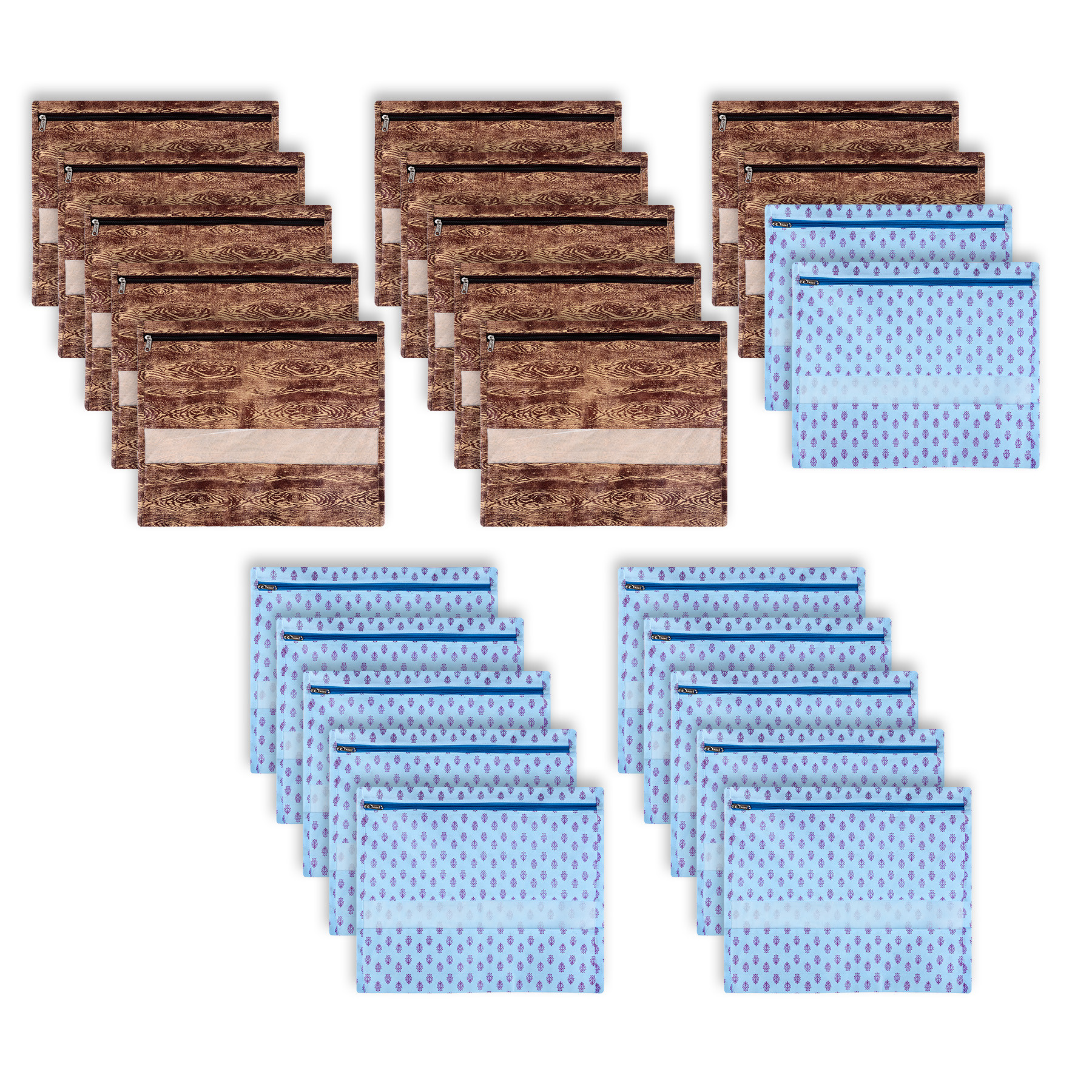 Kuber Industries Saree Bags | Clothes Bags for Storage | Non-Woven Wardrobe Organizer | Mesh Window Cloth Storage Bags Set | Single Packing Saree Bags | Printed | Brown & Sky Blue