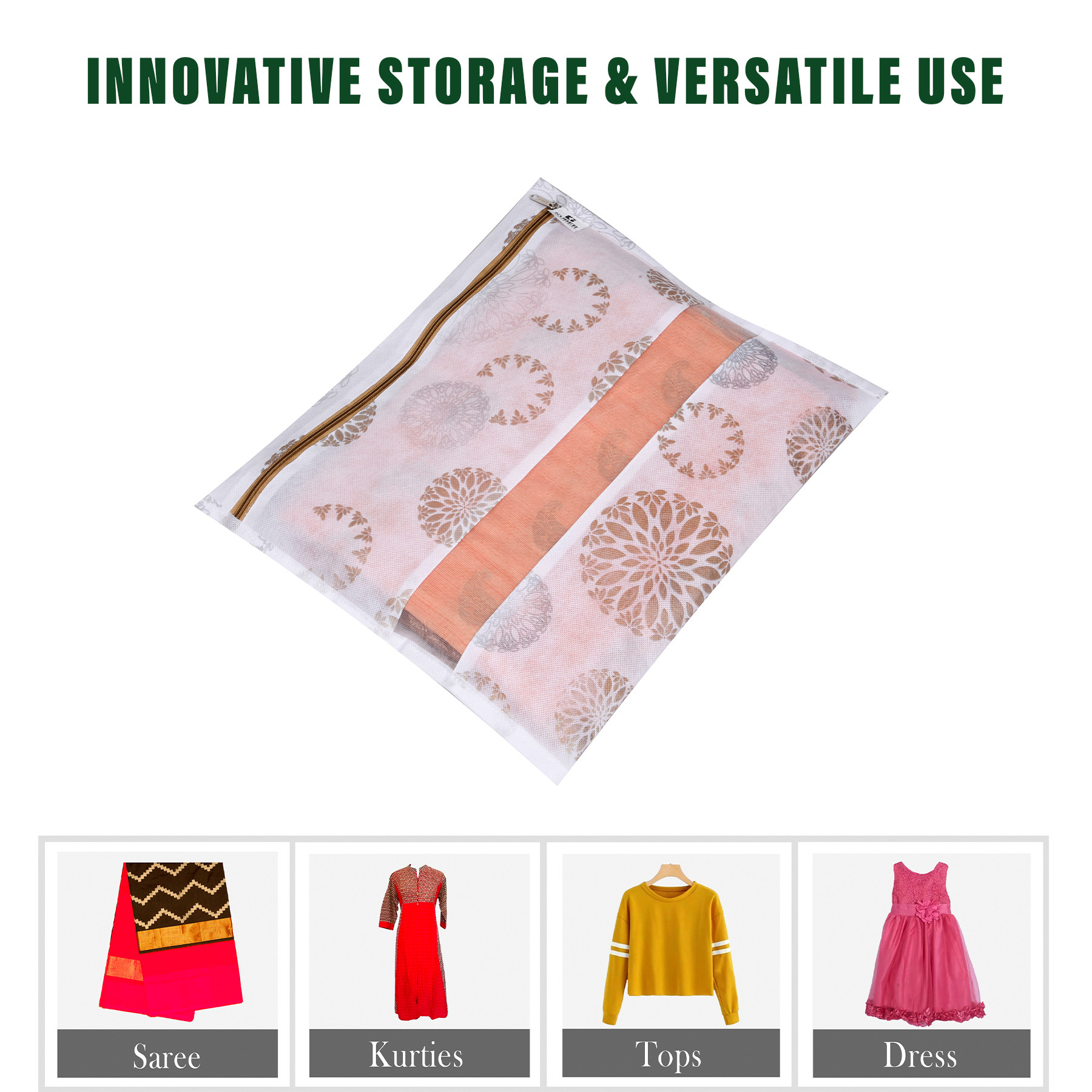 Kuber Industries Saree Bags | Clothes Bags for Storage | Non-Woven Wardrobe Organizer | Mesh Window Cloth Storage Bags Set | Single Packing Saree Bags | Printed | Brown & White