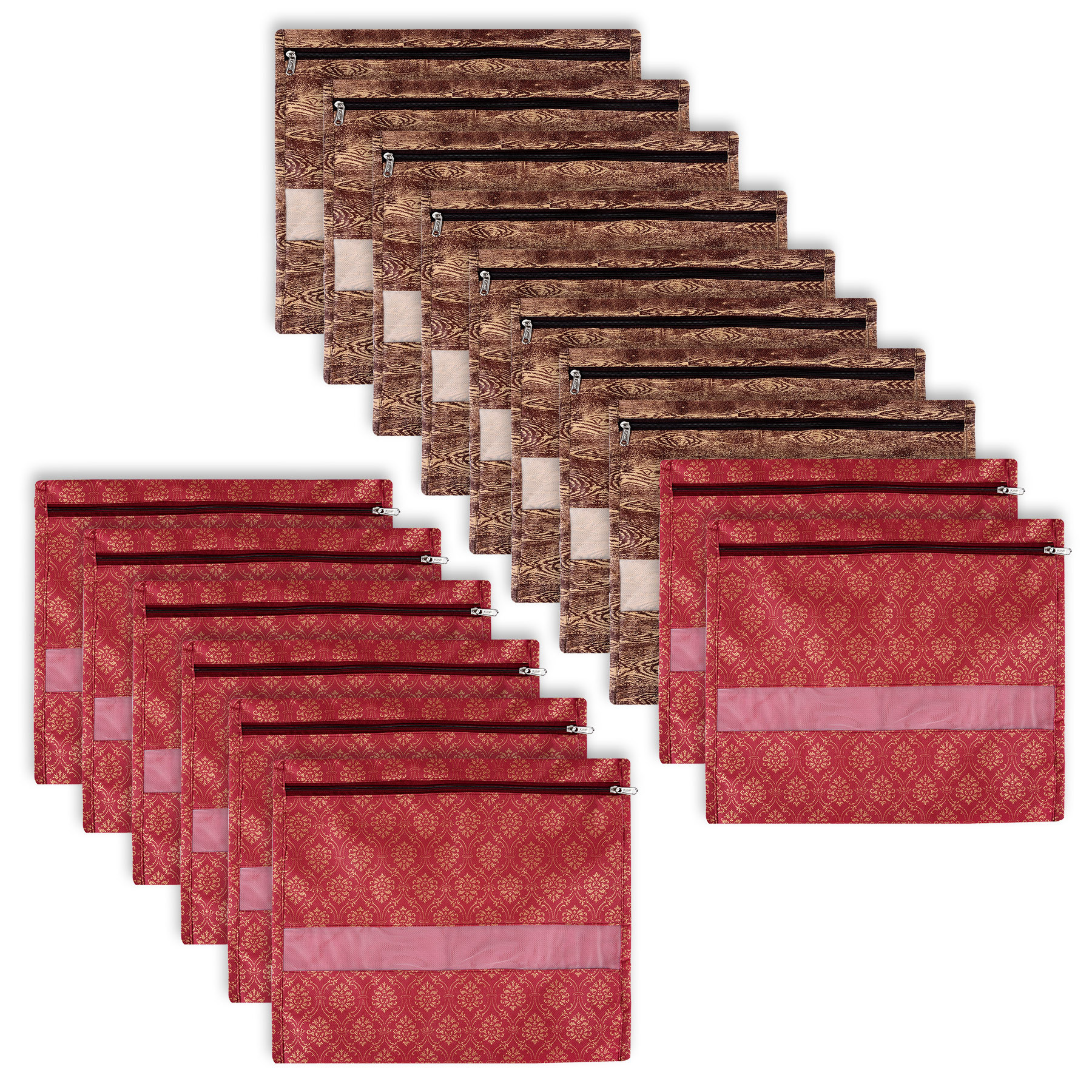 Kuber Industries Saree Bags | Clothes Bags for Storage | Non-Woven Wardrobe Organizer | Mesh Window Cloth Storage Bags Set | Single Packing Saree Bags | Printed | Brown & Maroon