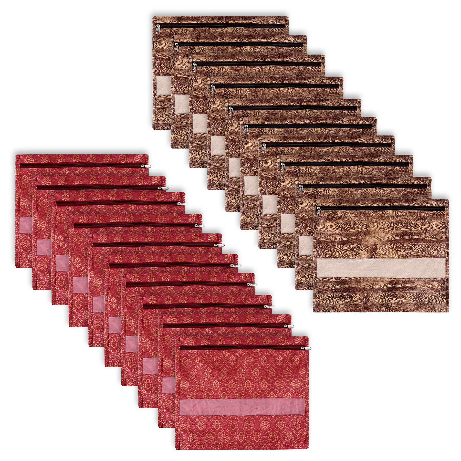 Kuber Industries Saree Bags | Clothes Bags for Storage | Non-Woven Wardrobe Organizer | Mesh Window Cloth Storage Bags Set | Single Packing Saree Bags | Printed | Brown & Maroon
