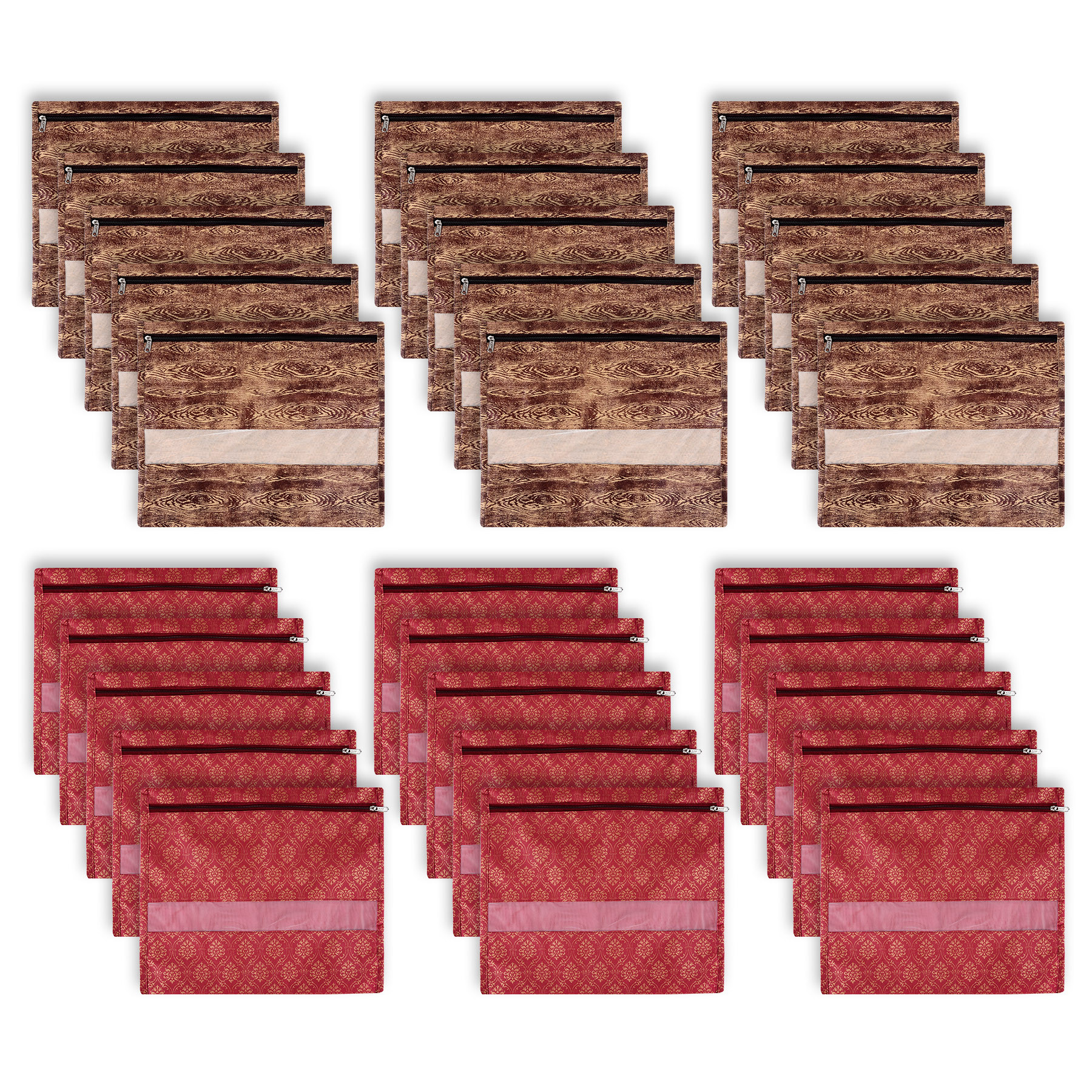 Kuber Industries Saree Bags | Clothes Bags for Storage | Non-Woven Wardrobe Organizer | Mesh Window Cloth Storage Bags Set | Single Packing Saree Bags | Printed | Brown & Maroon