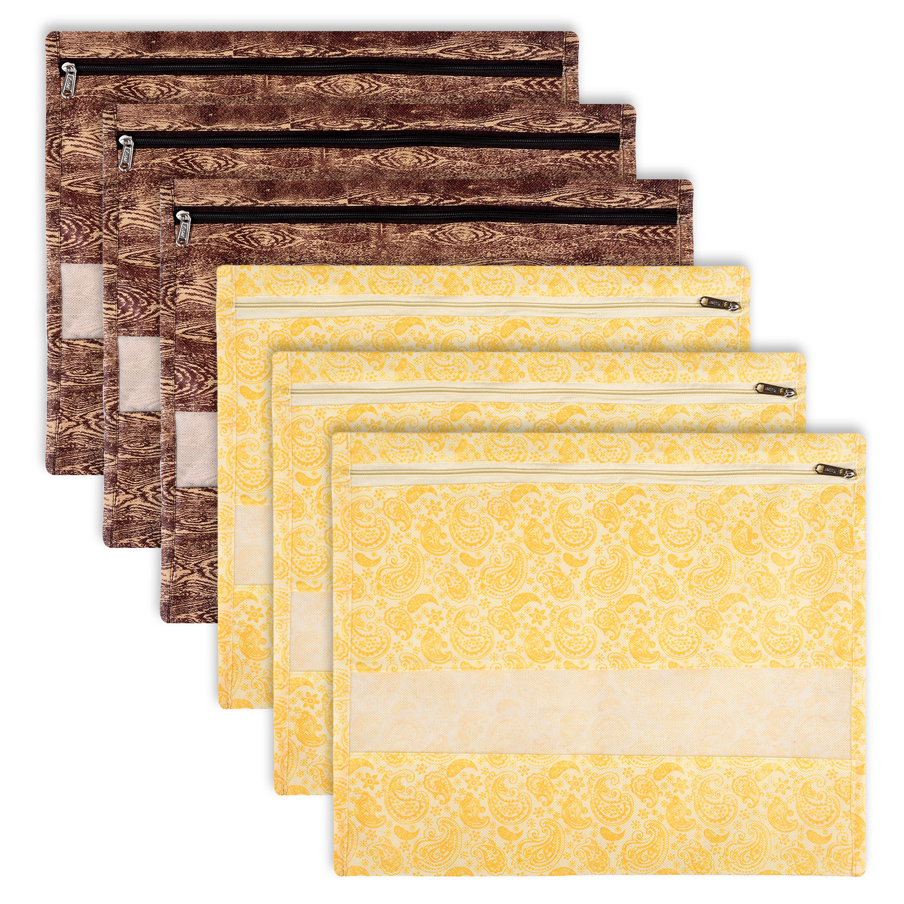 Kuber Industries Saree Bags | Clothes Bags for Storage | Non-Woven Wardrobe Organizer | Mesh Window Cloth Storage Bags Set | Single Packing Saree Bags | Printed | Brown & Yellow
