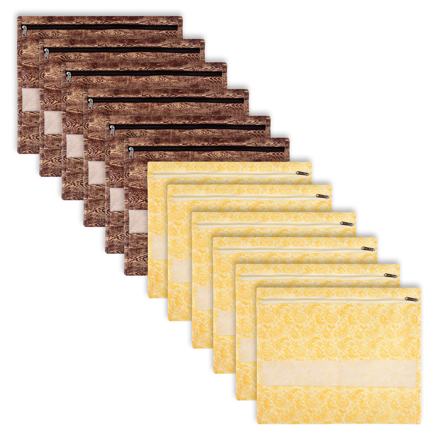 Kuber Industries Saree Bags | Clothes Bags for Storage | Non-Woven Wardrobe Organizer | Mesh Window Cloth Storage Bags Set | Single Packing Saree Bags | Printed | Brown & Yellow