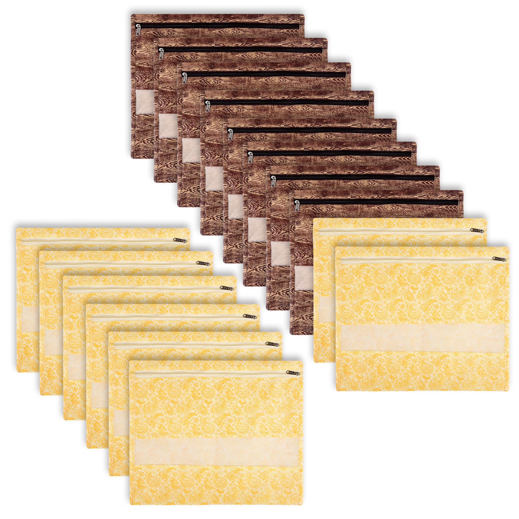 Kuber Industries Saree Bags | Clothes Bags for Storage | Non-Woven Wardrobe Organizer | Mesh Window Cloth Storage Bags Set | Single Packing Saree Bags | Printed | Brown & Yellow