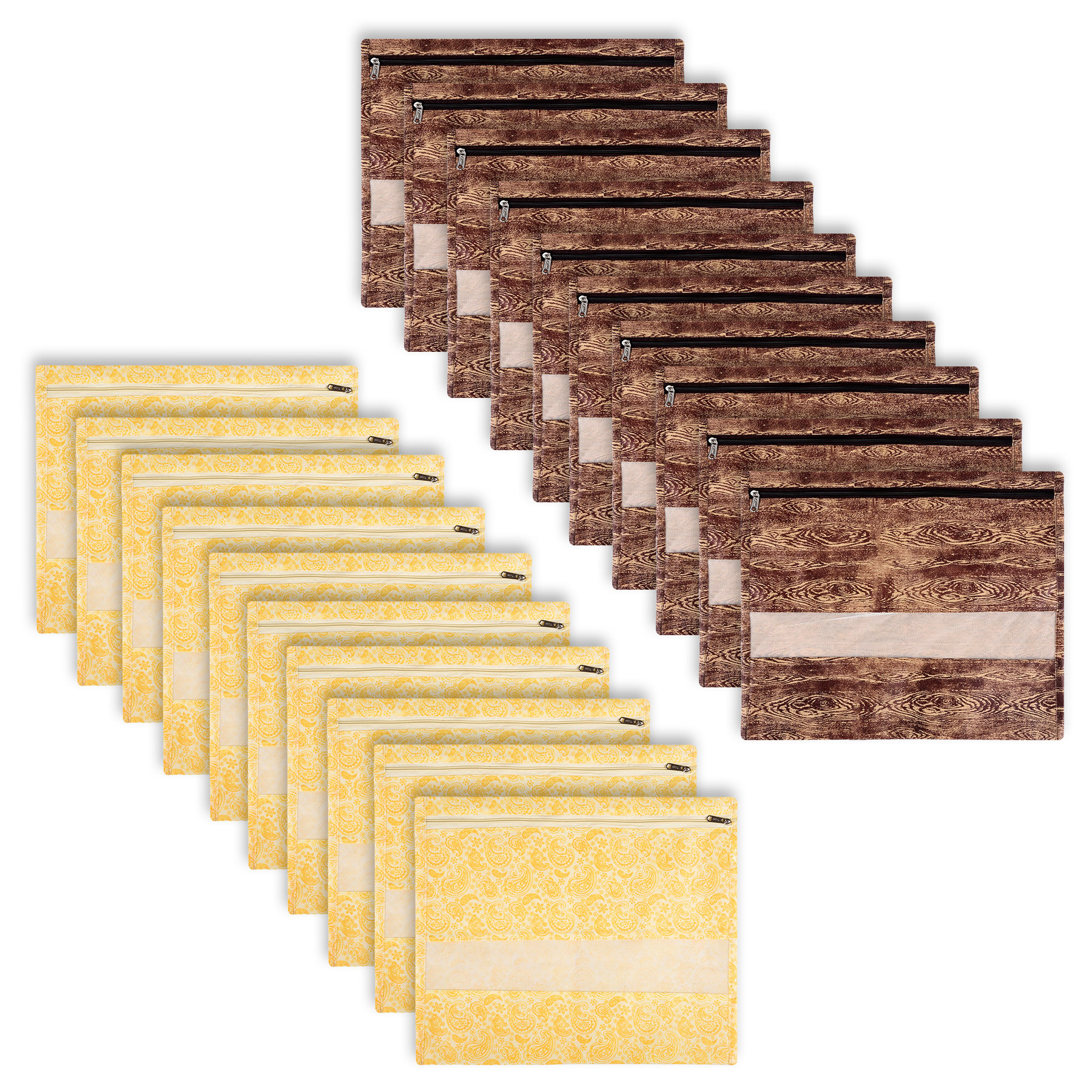 Kuber Industries Saree Bags | Clothes Bags for Storage | Non-Woven Wardrobe Organizer | Mesh Window Cloth Storage Bags Set | Single Packing Saree Bags | Printed | Brown & Yellow