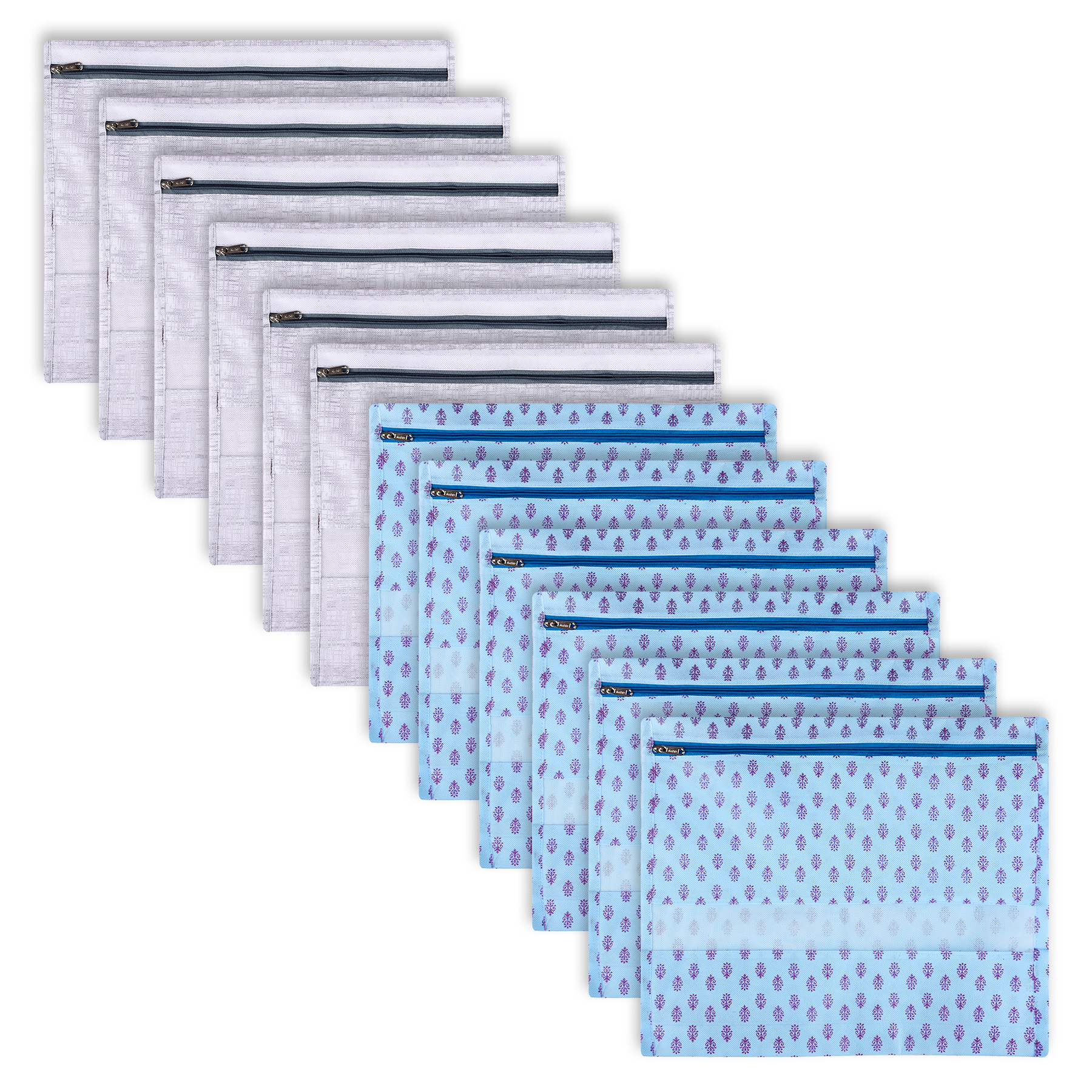 Kuber Industries Saree Bags | Clothes Bags for Storage | Non-Woven Wardrobe Organizer | Mesh Window Cloth Storage Bags Set | Single Packing Saree Bags | Printed | Gray & Sky Blue