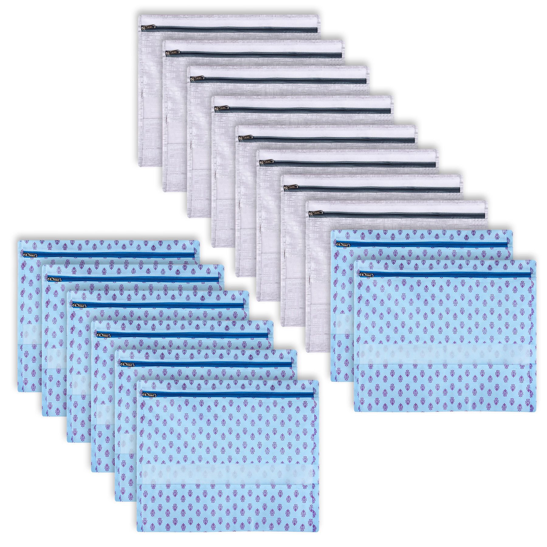Kuber Industries Saree Bags | Clothes Bags for Storage | Non-Woven Wardrobe Organizer | Mesh Window Cloth Storage Bags Set | Single Packing Saree Bags | Printed | Gray & Sky Blue