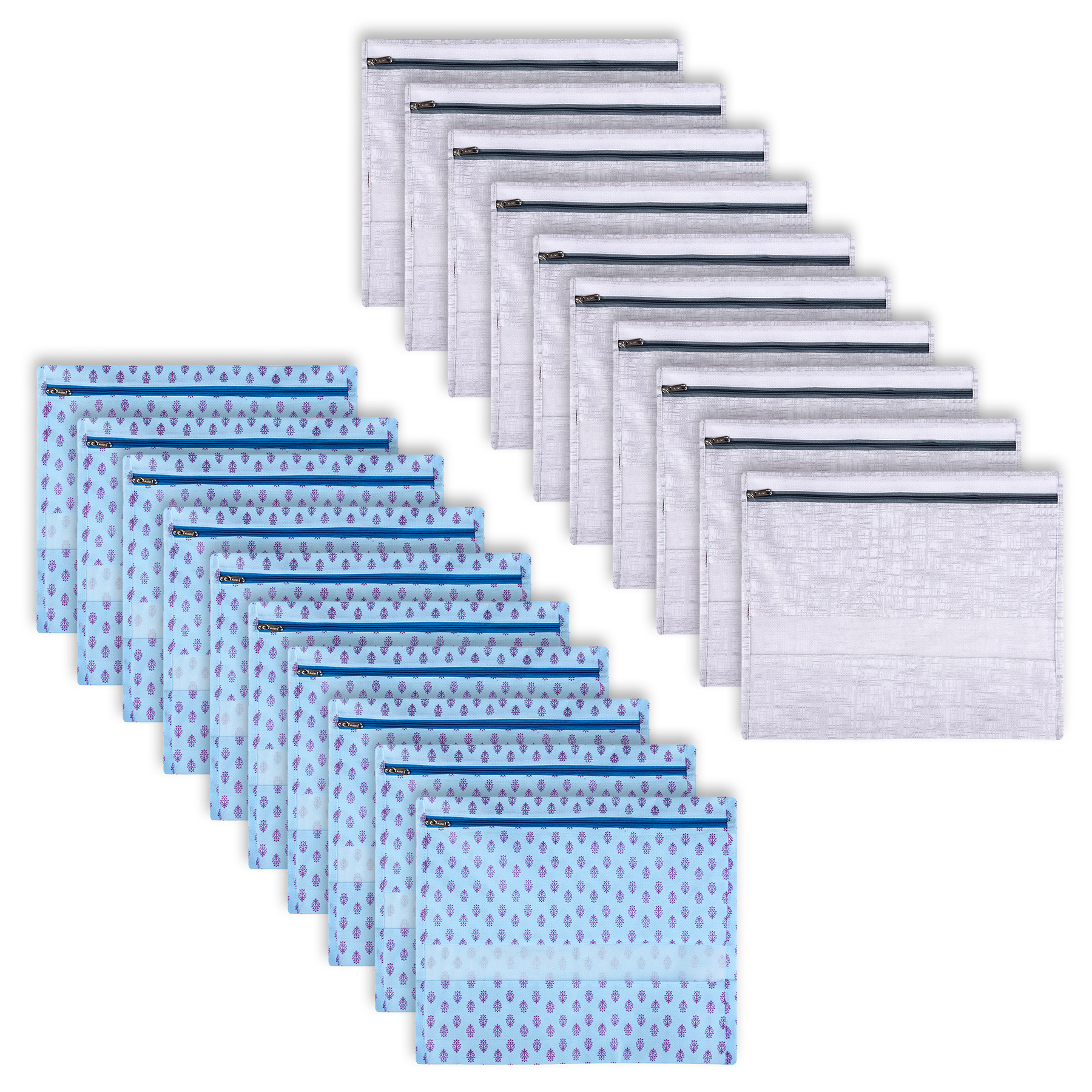 Kuber Industries Saree Bags | Clothes Bags for Storage | Non-Woven Wardrobe Organizer | Mesh Window Cloth Storage Bags Set | Single Packing Saree Bags | Printed | Gray & Sky Blue