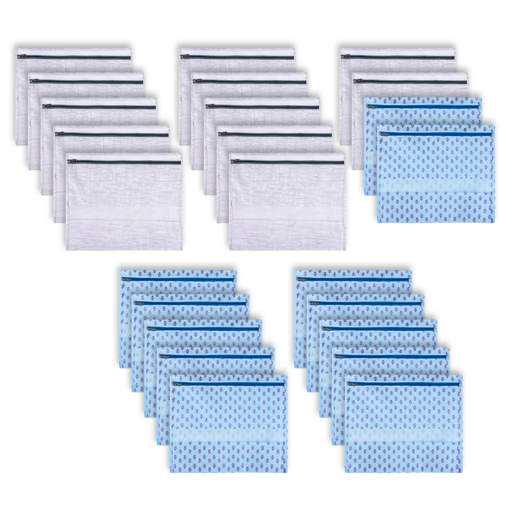 Kuber Industries Saree Bags | Clothes Bags for Storage | Non-Woven Wardrobe Organizer | Mesh Window Cloth Storage Bags Set | Single Packing Saree Bags | Printed | Gray & Sky Blue