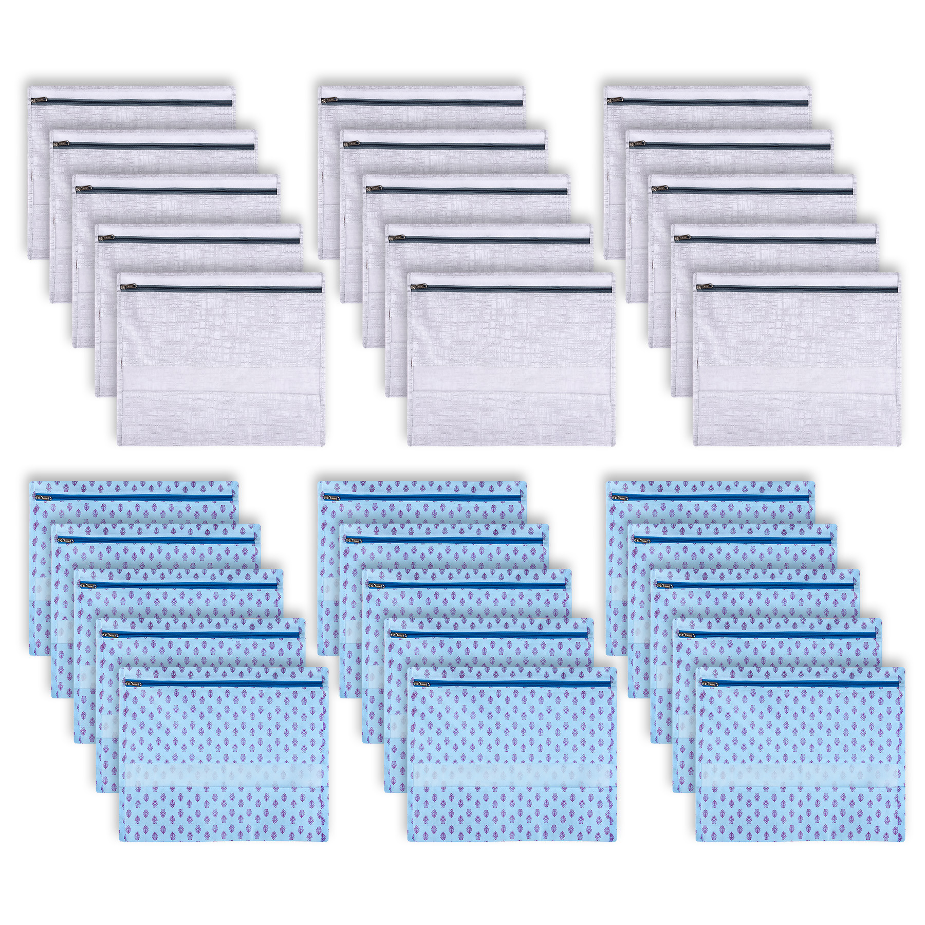 Kuber Industries Saree Bags | Clothes Bags for Storage | Non-Woven Wardrobe Organizer | Mesh Window Cloth Storage Bags Set | Single Packing Saree Bags | Printed | Gray & Sky Blue