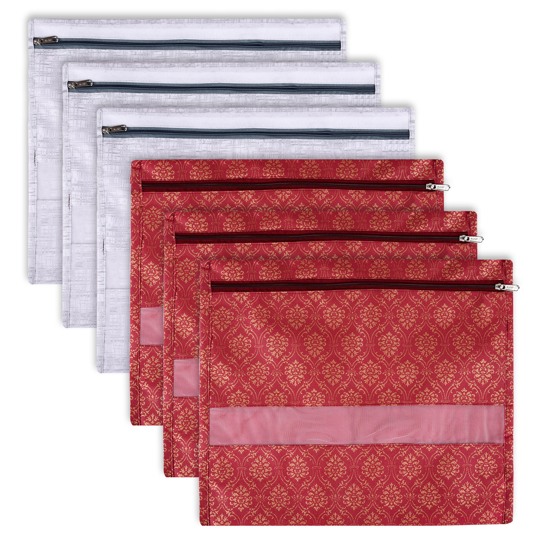 Kuber Industries Saree Bags | Clothes Bags for Storage | Non-Woven Wardrobe Organizer | Mesh Window Cloth Storage Bags Set | Single Packing Saree Bags | Printed | Gray & Maroon