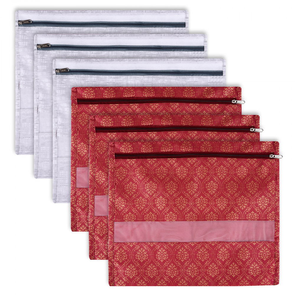 Kuber Industries Saree Bags | Clothes Bags for Storage | Non-Woven Wardrobe Organizer | Mesh Window Cloth Storage Bags Set | Single Packing Saree Bags | Printed | Gray &amp; Maroon