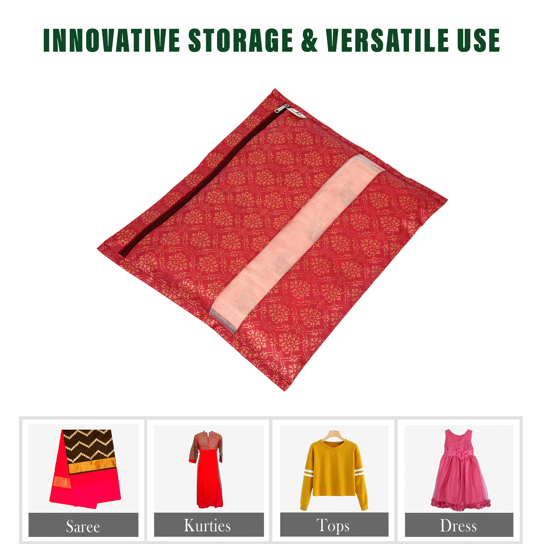 Kuber Industries Saree Bags | Clothes Bags for Storage | Non-Woven Wardrobe Organizer | Mesh Window Cloth Storage Bags Set | Single Packing Saree Bags | Printed | Gray & Maroon
