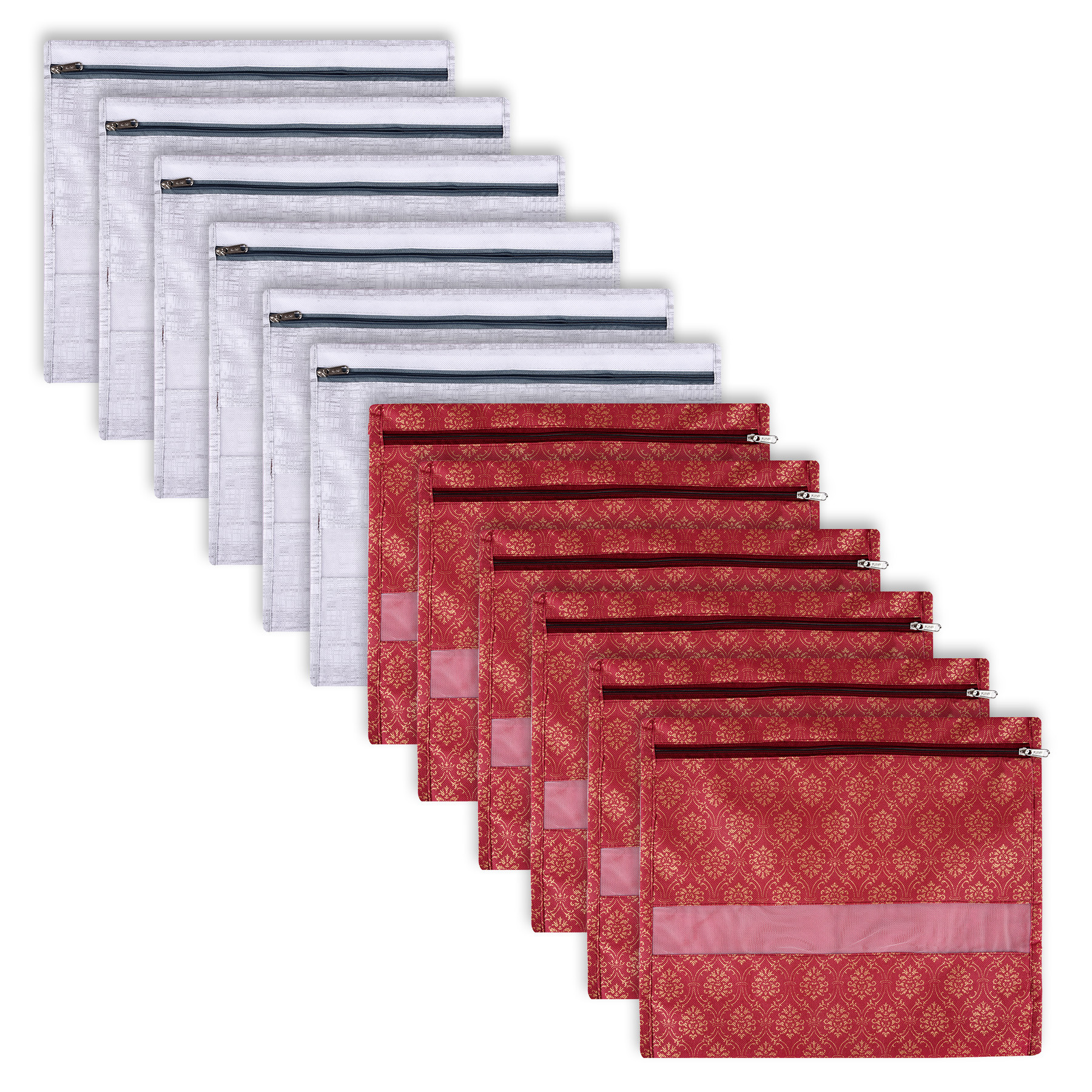 Kuber Industries Saree Bags | Clothes Bags for Storage | Non-Woven Wardrobe Organizer | Mesh Window Cloth Storage Bags Set | Single Packing Saree Bags | Printed | Gray & Maroon