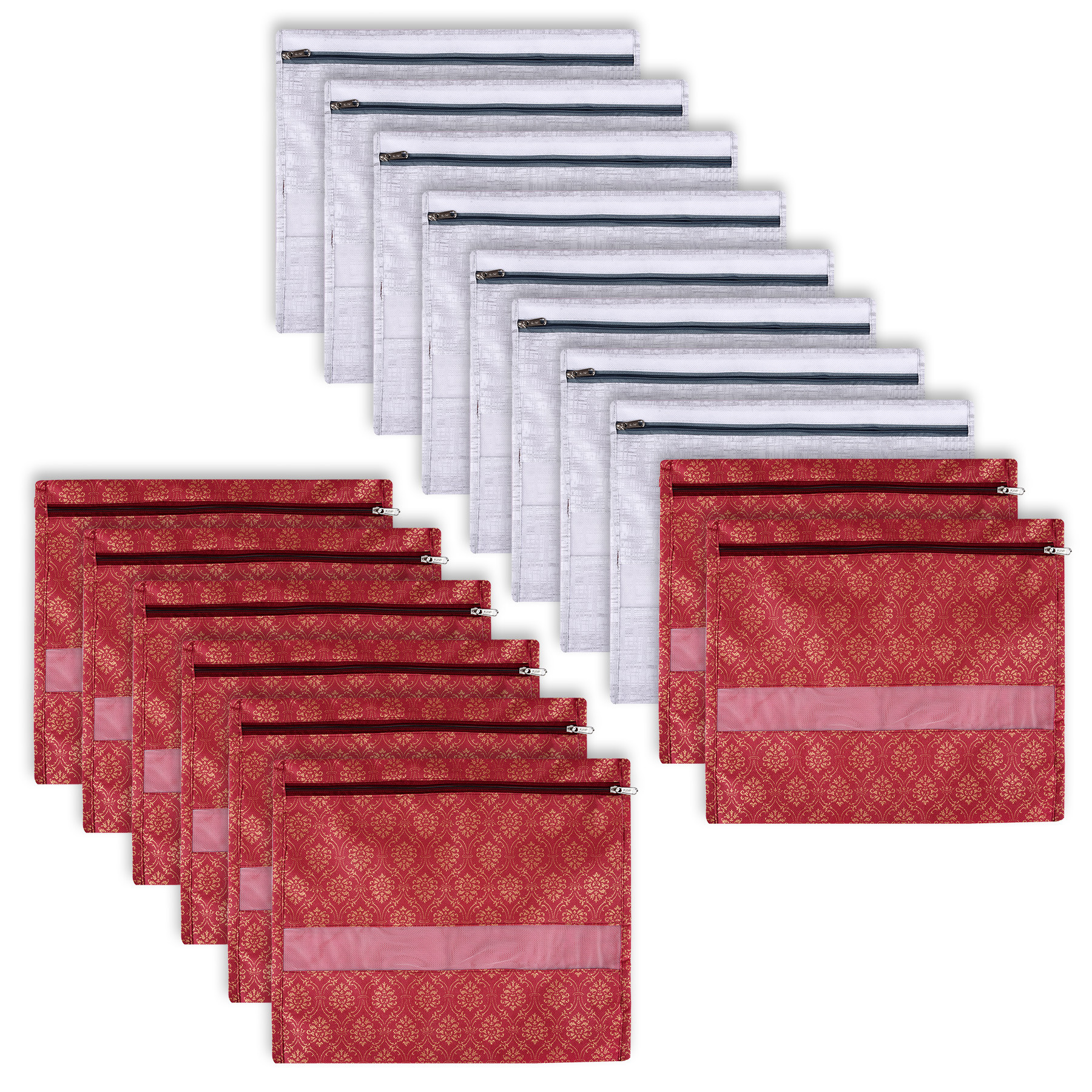Kuber Industries Saree Bags | Clothes Bags for Storage | Non-Woven Wardrobe Organizer | Mesh Window Cloth Storage Bags Set | Single Packing Saree Bags | Printed | Gray & Maroon
