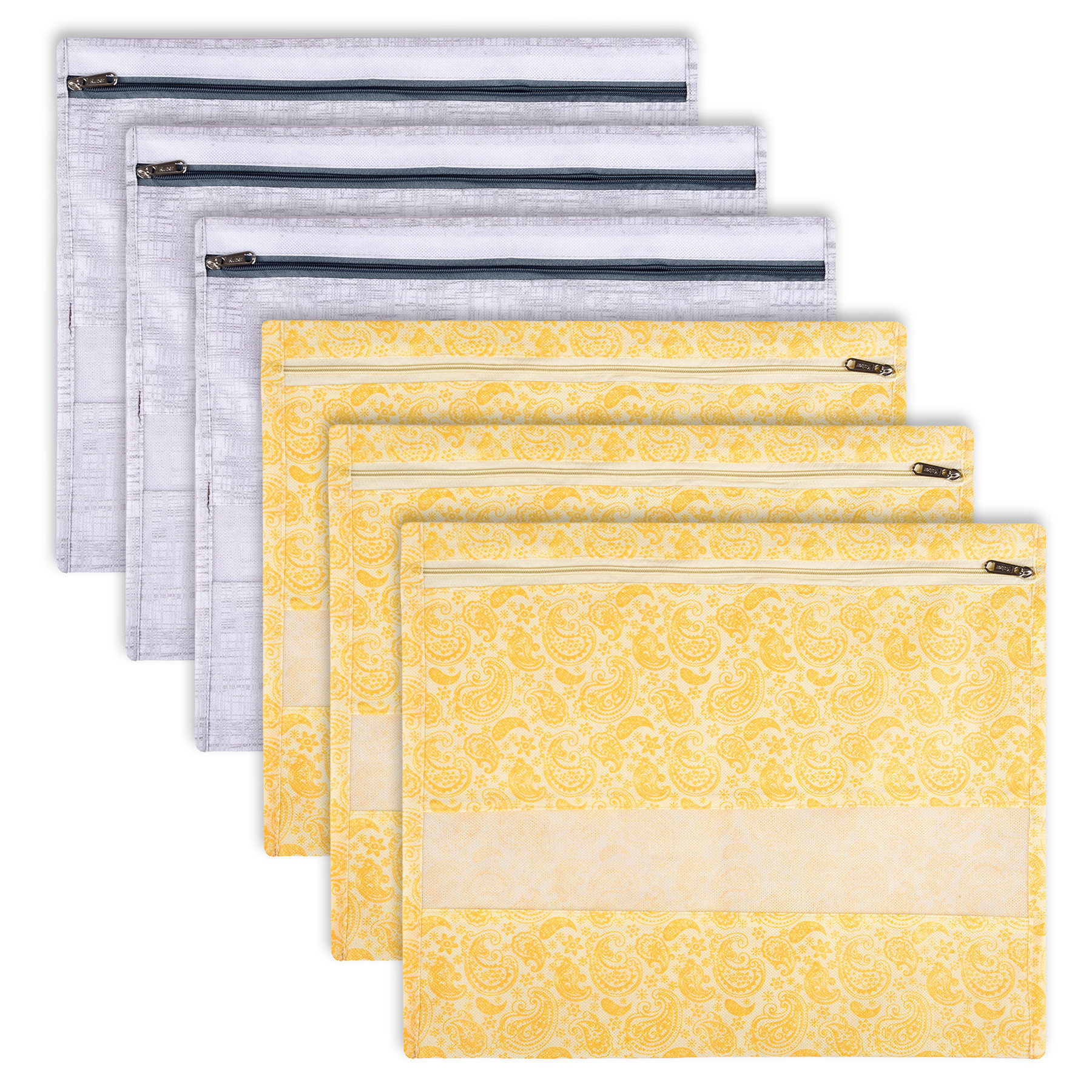Kuber Industries Saree Bags | Clothes Bags for Storage | Non-Woven Wardrobe Organizer | Mesh Window Cloth Storage Bags Set | Single Packing Saree Bags | Printed | Gray & Yellow