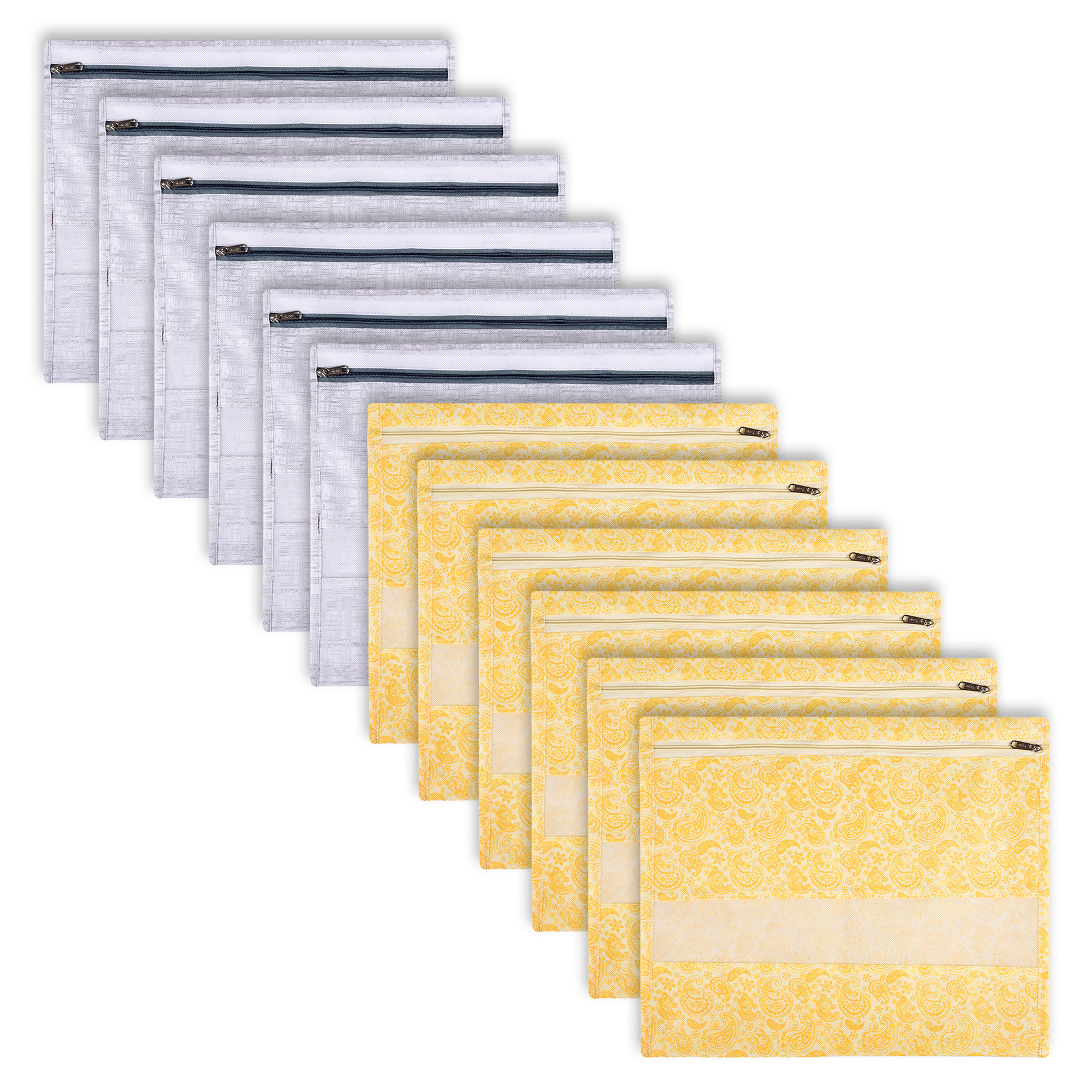 Kuber Industries Saree Bags | Clothes Bags for Storage | Non-Woven Wardrobe Organizer | Mesh Window Cloth Storage Bags Set | Single Packing Saree Bags | Printed | Gray & Yellow