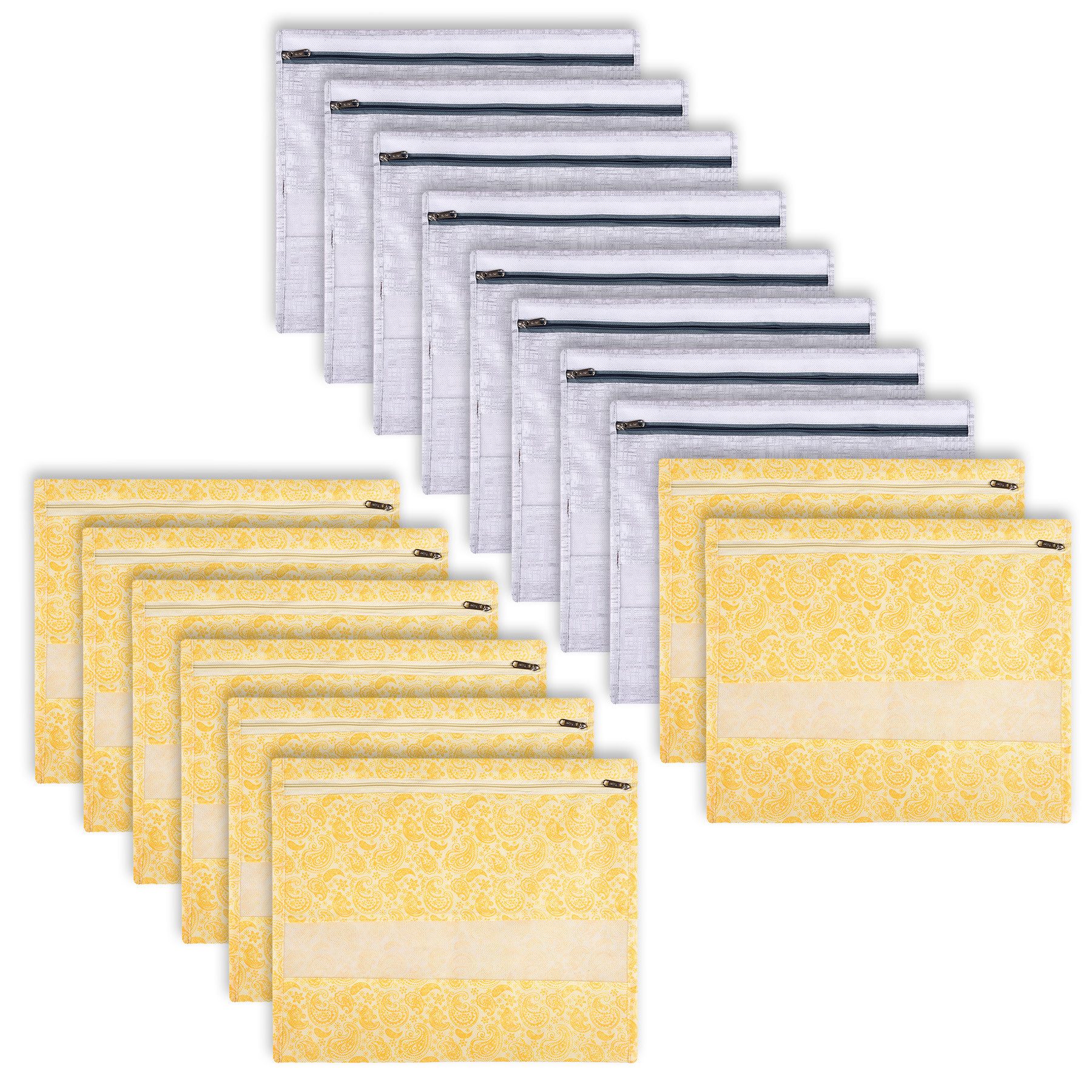 Kuber Industries Saree Bags | Clothes Bags for Storage | Non-Woven Wardrobe Organizer | Mesh Window Cloth Storage Bags Set | Single Packing Saree Bags | Printed | Gray & Yellow