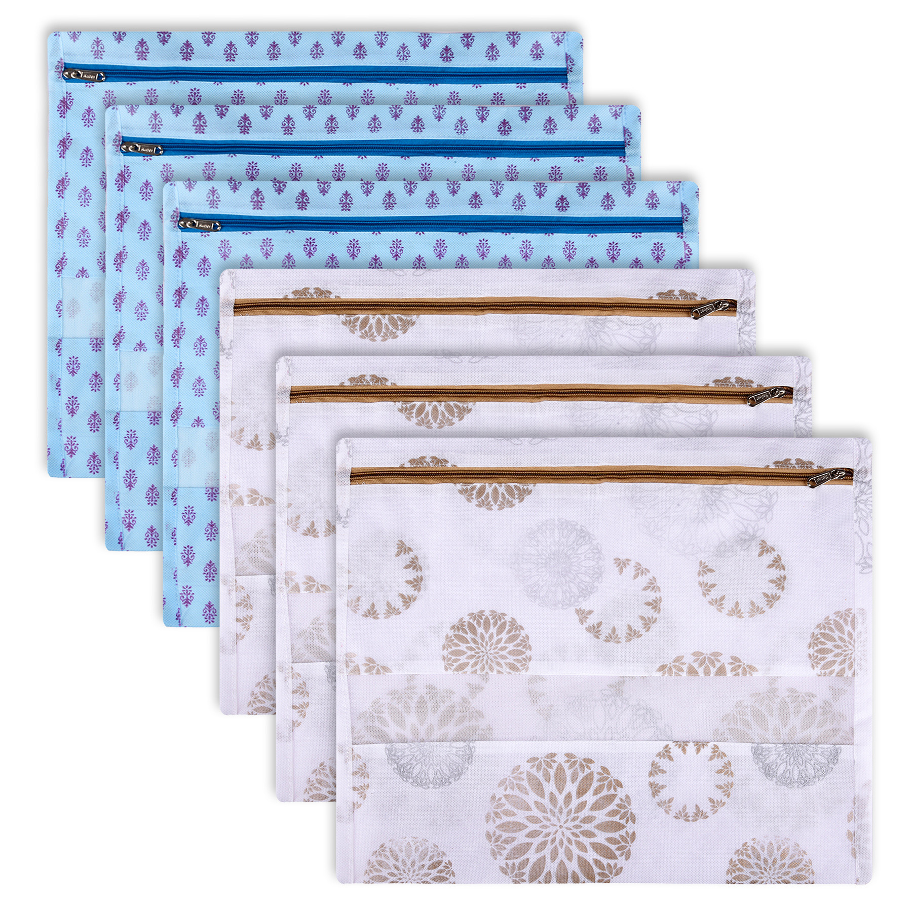Kuber Industries Saree Bags | Clothes Bags for Storage | Non-Woven Wardrobe Organizer | Mesh Window Cloth Storage Bags Set | Single Packing Saree Bags | Printed | Sky Blue & White