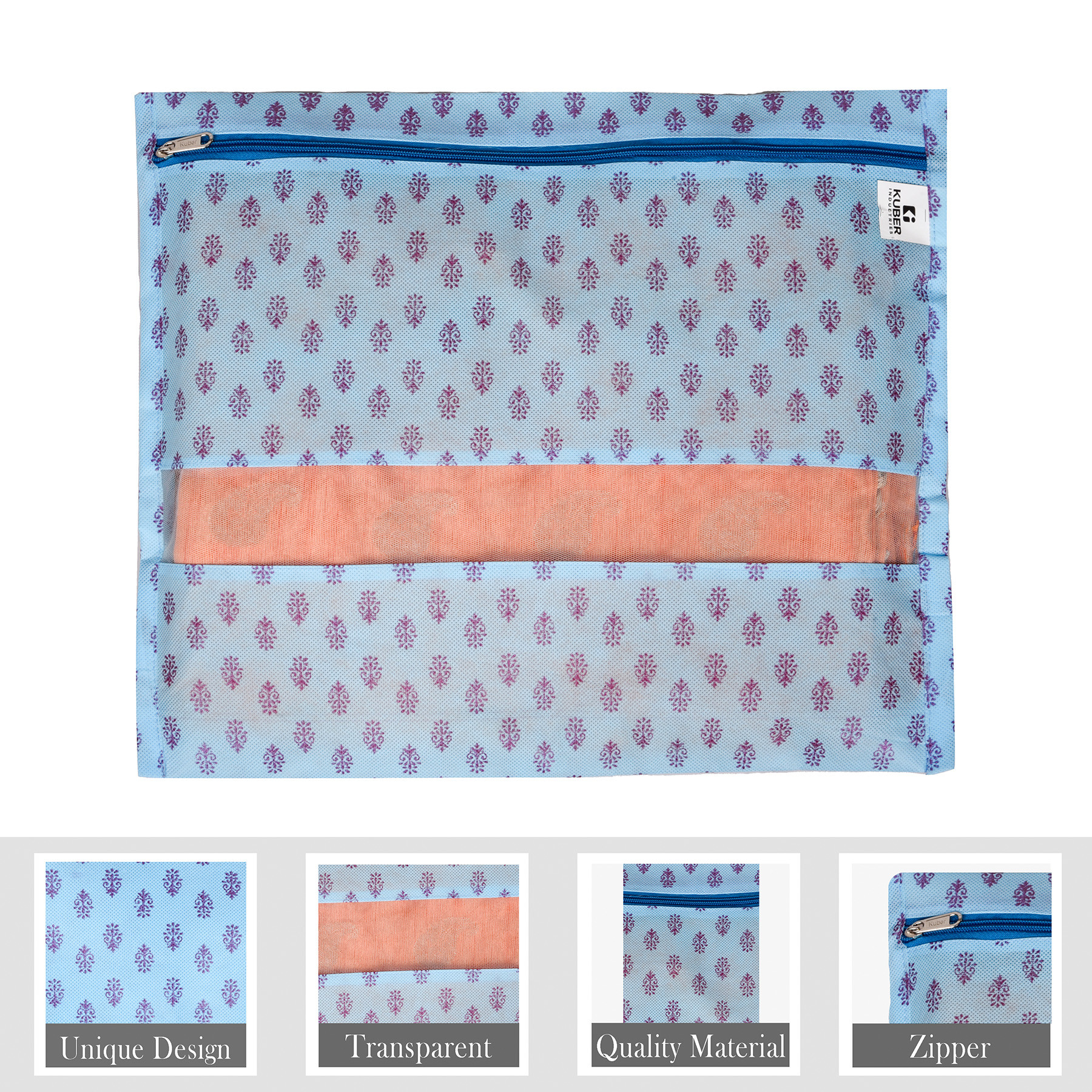 Kuber Industries Saree Bags | Clothes Bags for Storage | Non-Woven Wardrobe Organizer | Mesh Window Cloth Storage Bags Set | Single Packing Saree Bags | Printed | Sky Blue & White