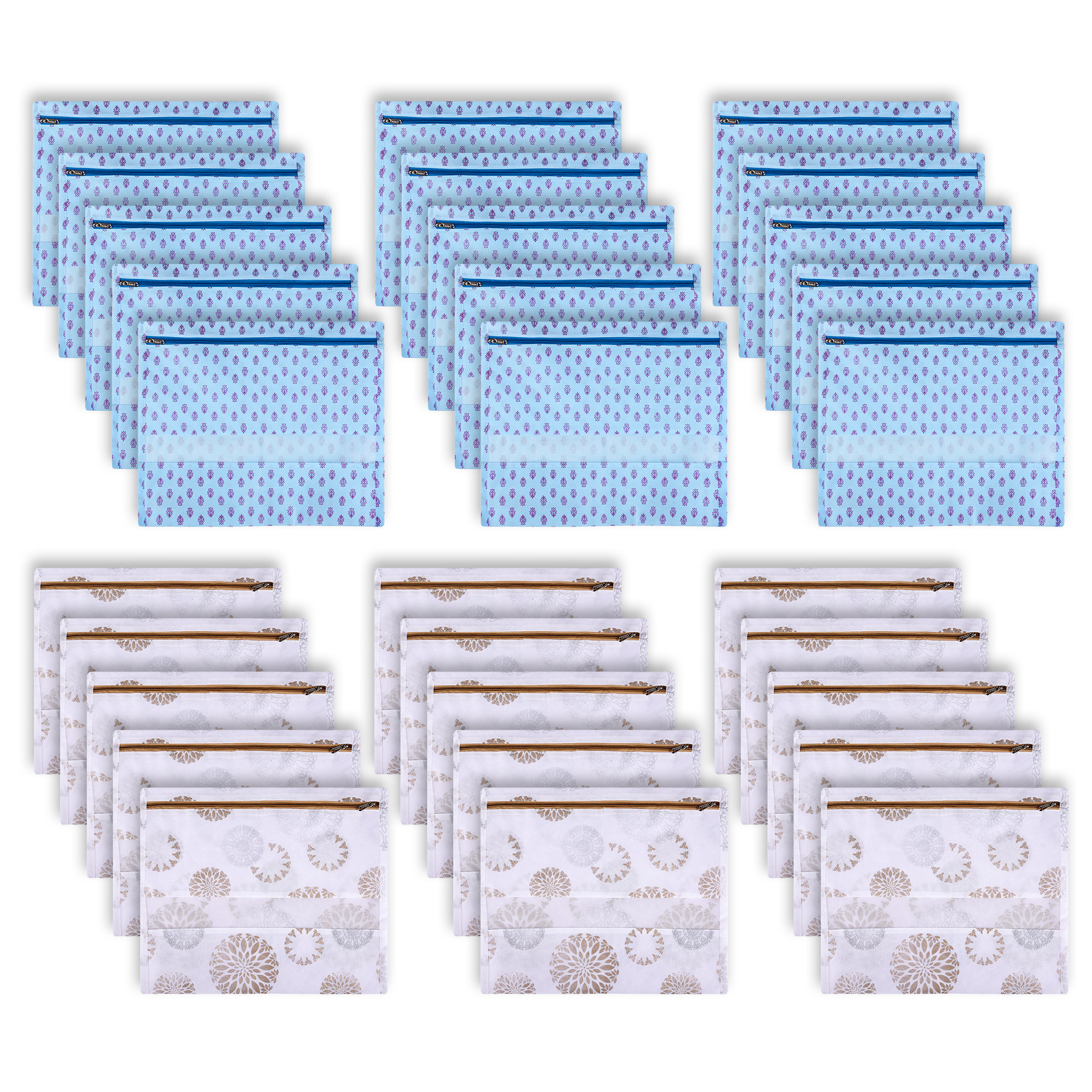 Kuber Industries Saree Bags | Clothes Bags for Storage | Non-Woven Wardrobe Organizer | Mesh Window Cloth Storage Bags Set | Single Packing Saree Bags | Printed | Sky Blue & White