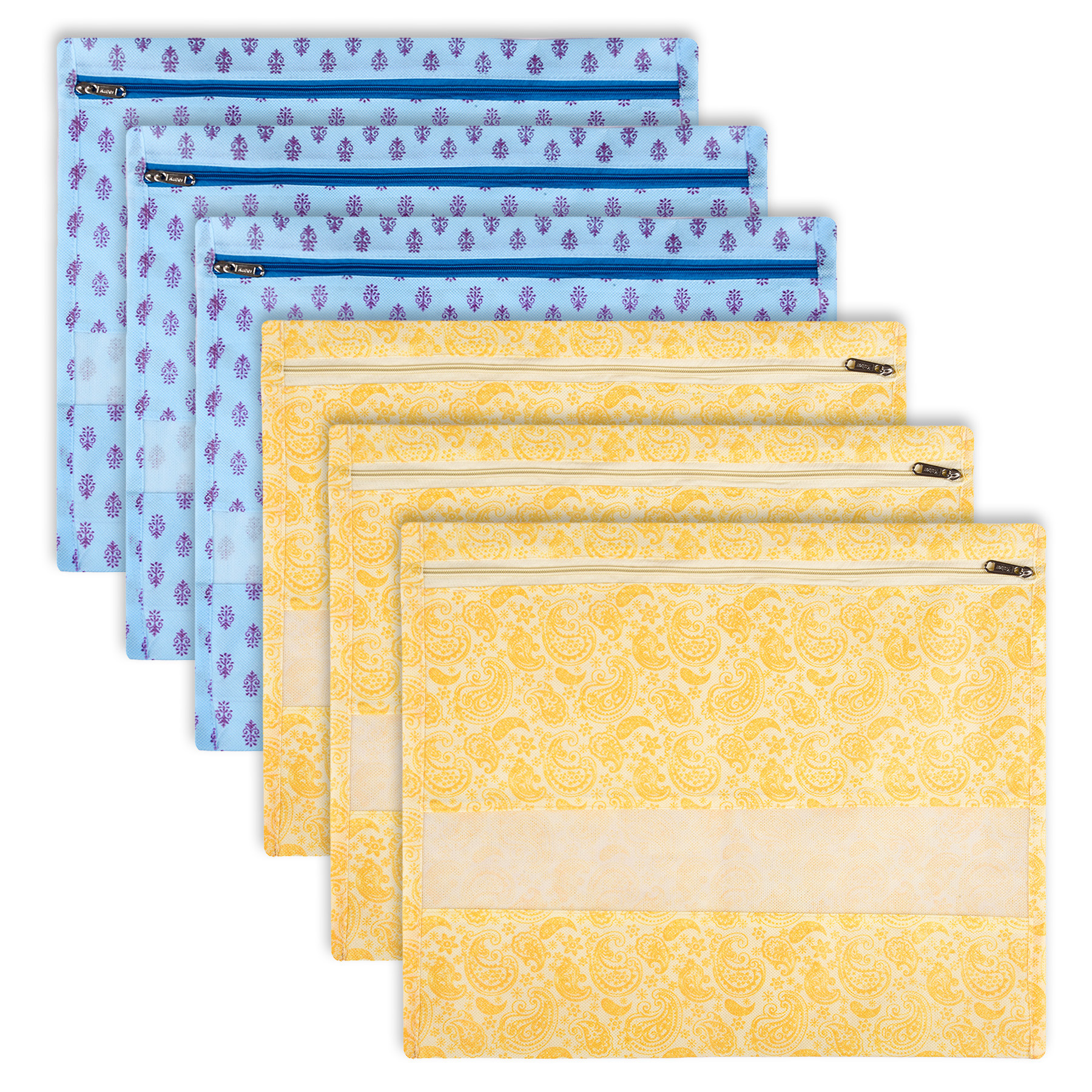 Kuber Industries Saree Bags | Clothes Bags for Storage | Non-Woven Wardrobe Organizer | Mesh Window Cloth Storage Bags Set | Single Packing Saree Bags | Printed | Sky Blue & Yellow