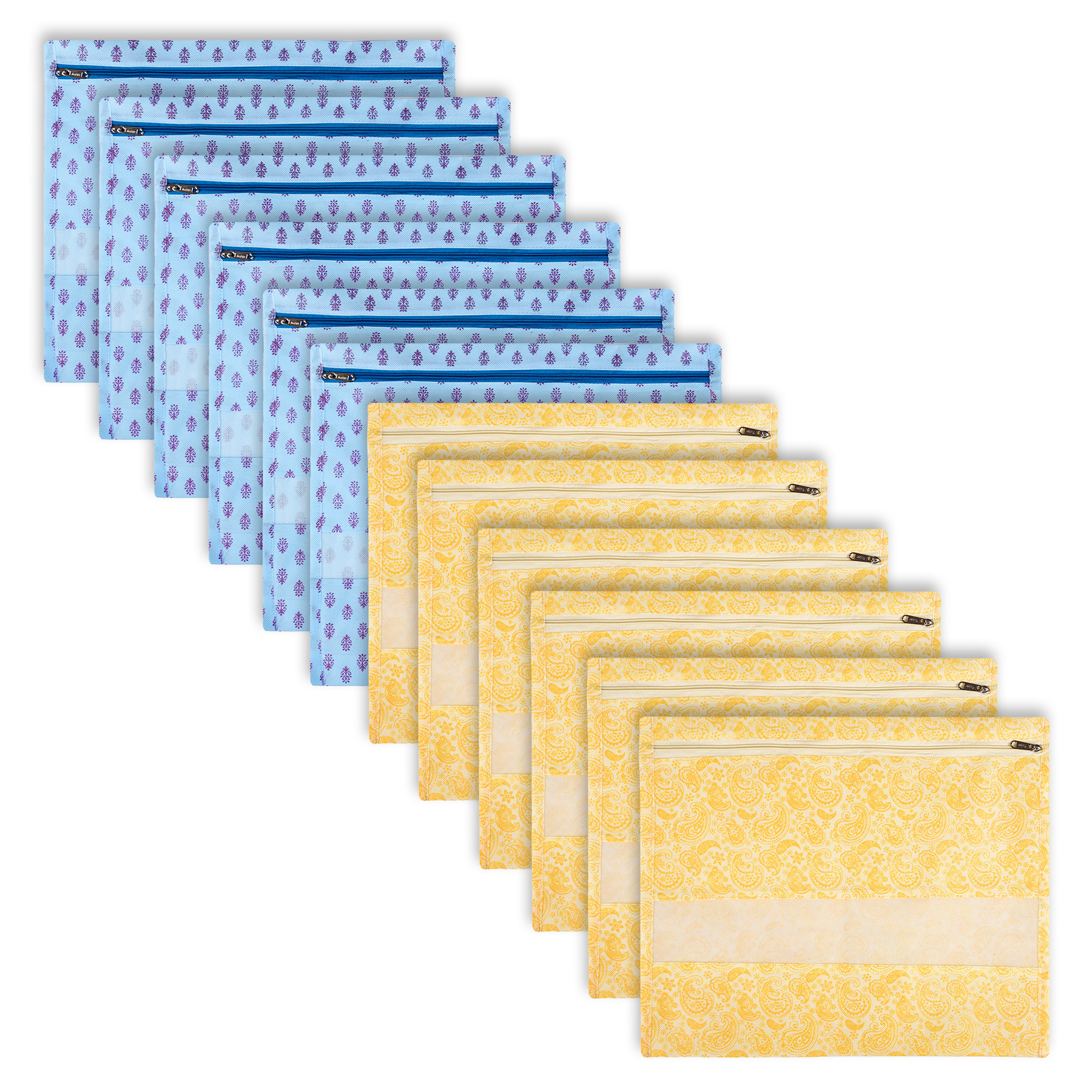 Kuber Industries Saree Bags | Clothes Bags for Storage | Non-Woven Wardrobe Organizer | Mesh Window Cloth Storage Bags Set | Single Packing Saree Bags | Printed | Sky Blue & Yellow