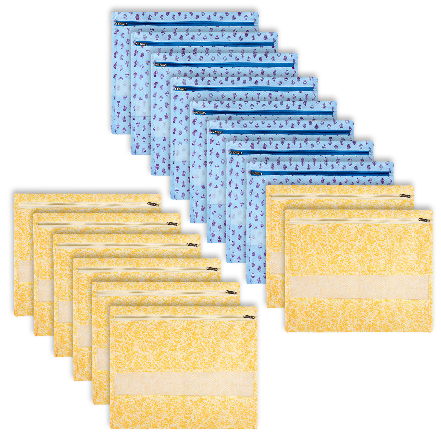 Kuber Industries Saree Bags | Clothes Bags for Storage | Non-Woven Wardrobe Organizer | Mesh Window Cloth Storage Bags Set | Single Packing Saree Bags | Printed | Sky Blue & Yellow