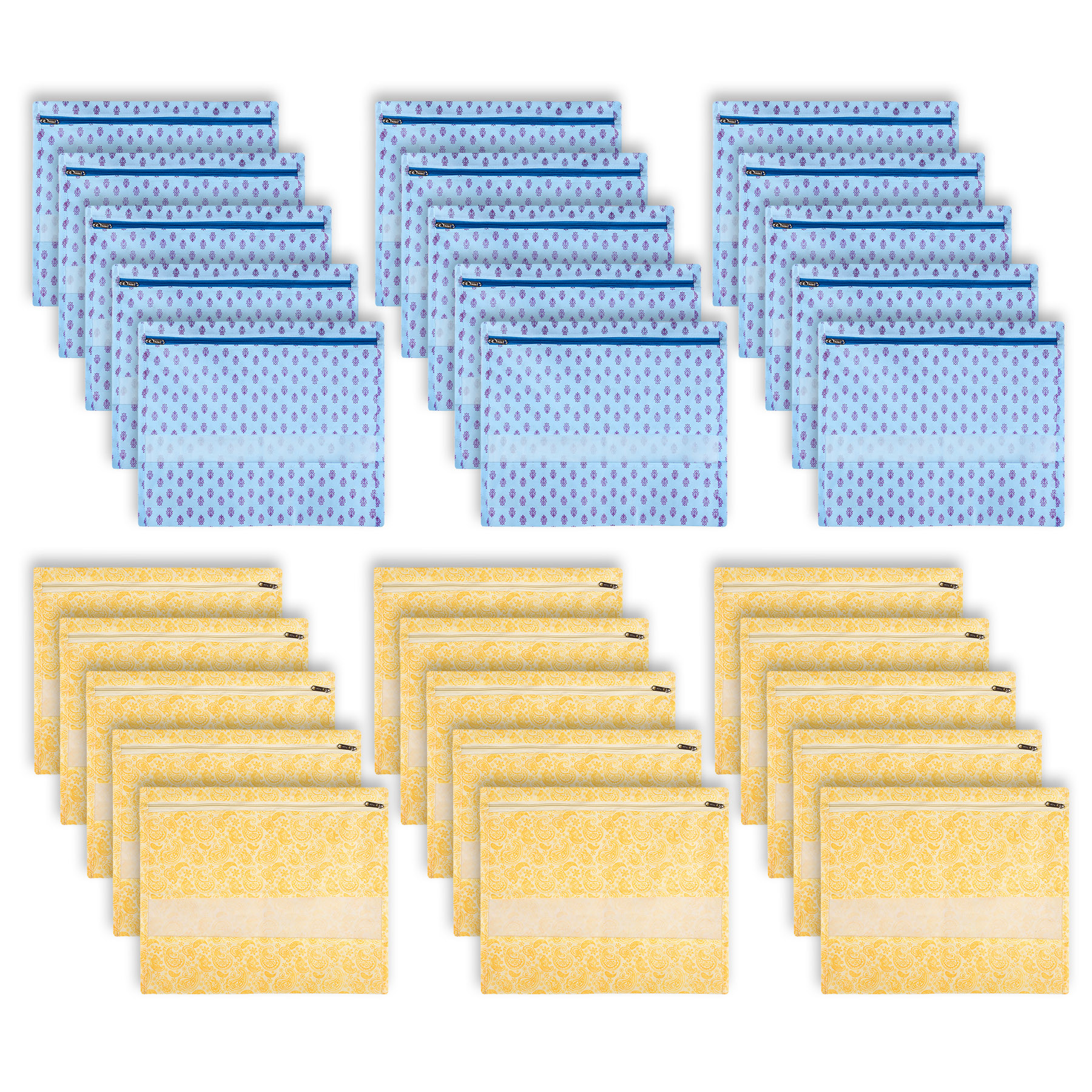 Kuber Industries Saree Bags | Clothes Bags for Storage | Non-Woven Wardrobe Organizer | Mesh Window Cloth Storage Bags Set | Single Packing Saree Bags | Printed | Sky Blue & Yellow