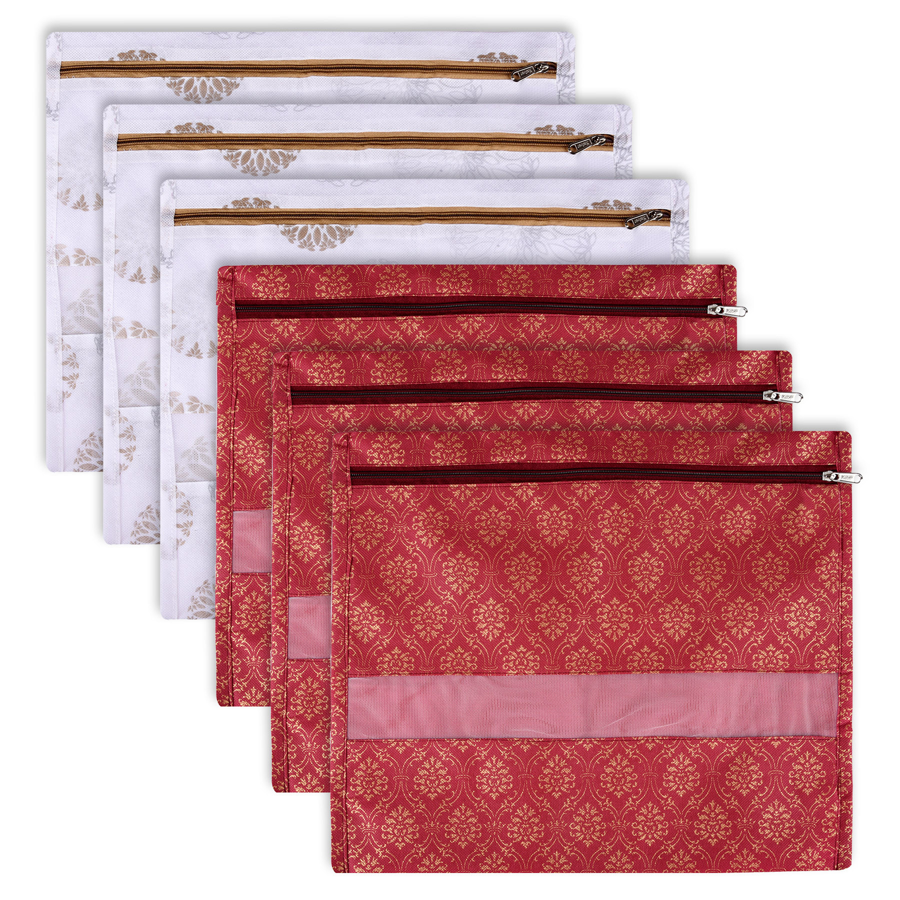 Kuber Industries Saree Bags | Clothes Bags for Storage | Non-Woven Wardrobe Organizer | Mesh Window Cloth Storage Bags Set | Single Packing Saree Bags | Printed | White & Maroon