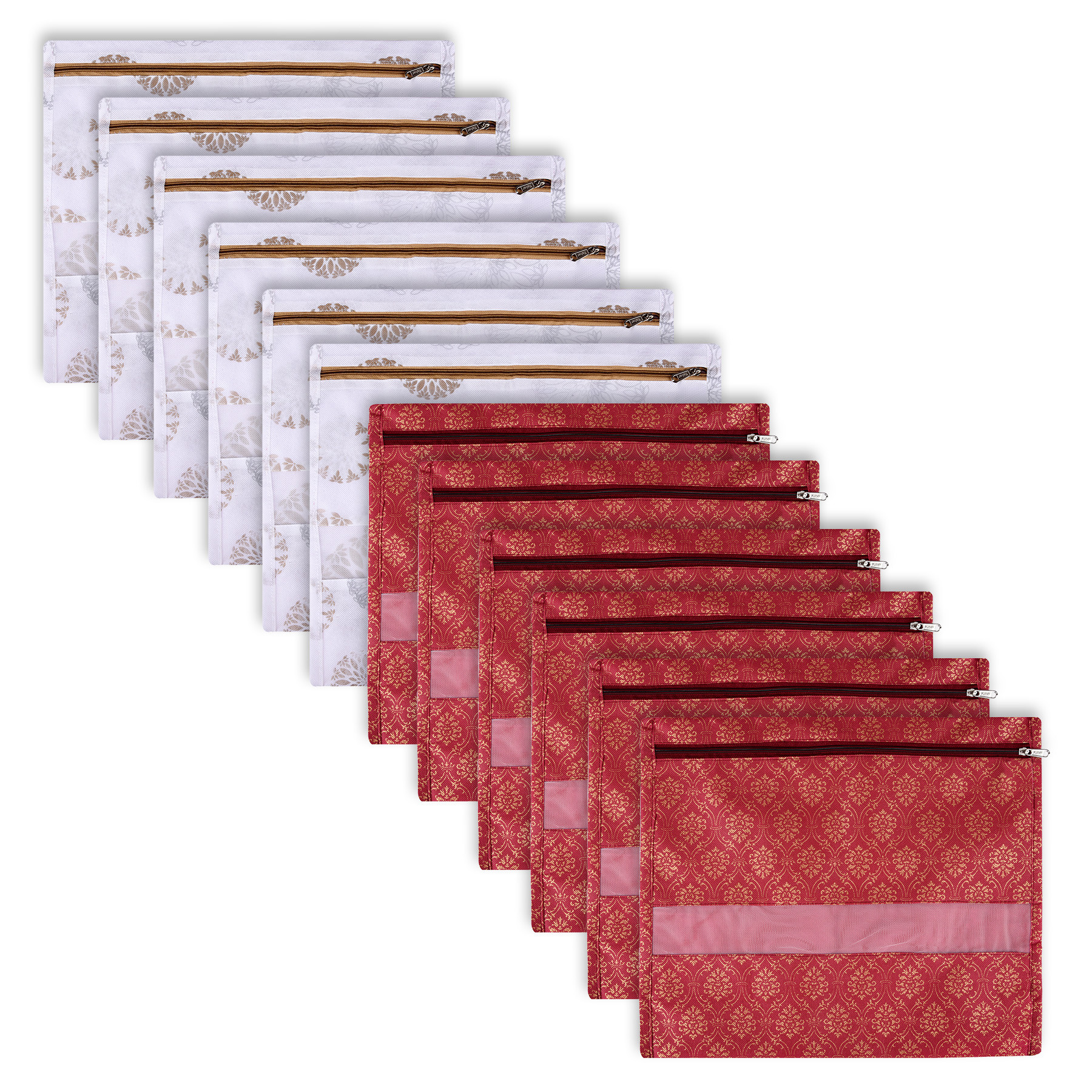 Kuber Industries Saree Bags | Clothes Bags for Storage | Non-Woven Wardrobe Organizer | Mesh Window Cloth Storage Bags Set | Single Packing Saree Bags | Printed | White & Maroon