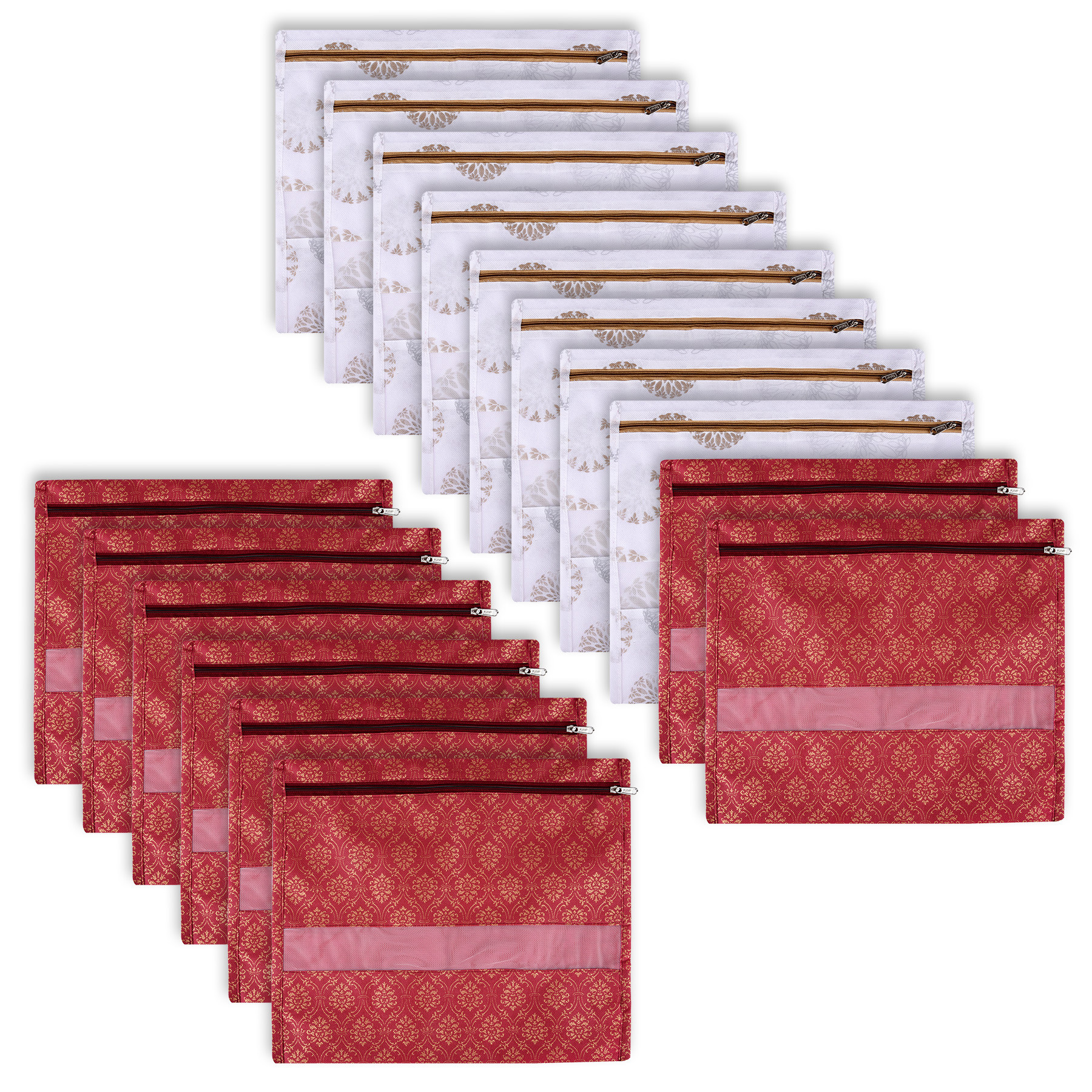 Kuber Industries Saree Bags | Clothes Bags for Storage | Non-Woven Wardrobe Organizer | Mesh Window Cloth Storage Bags Set | Single Packing Saree Bags | Printed | White & Maroon