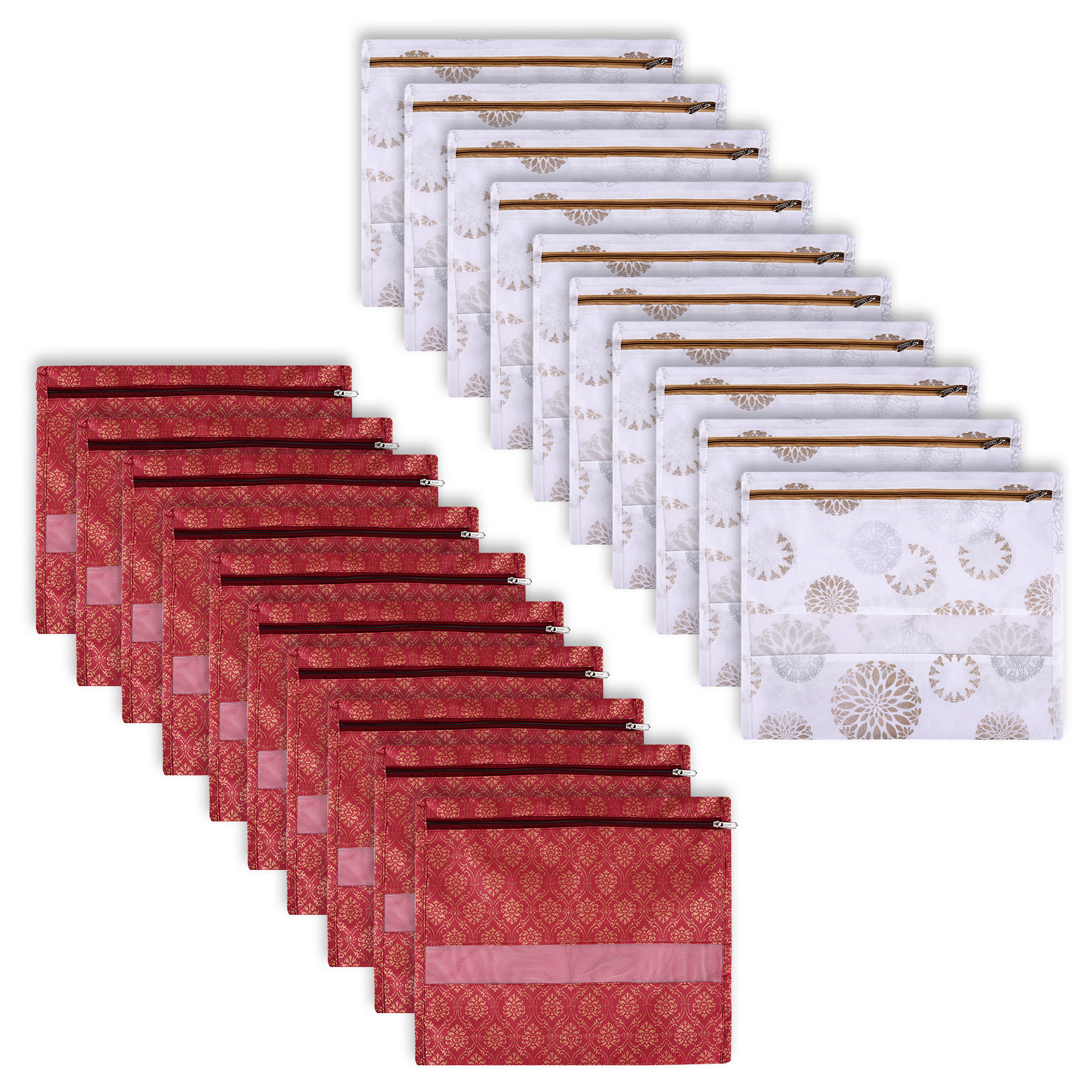 Kuber Industries Saree Bags | Clothes Bags for Storage | Non-Woven Wardrobe Organizer | Mesh Window Cloth Storage Bags Set | Single Packing Saree Bags | Printed | White & Maroon