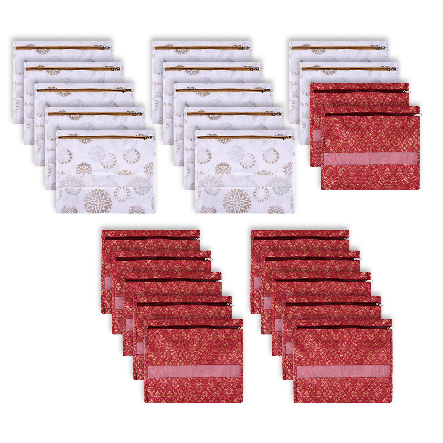 Kuber Industries Saree Bags | Clothes Bags for Storage | Non-Woven Wardrobe Organizer | Mesh Window Cloth Storage Bags Set | Single Packing Saree Bags | Printed | White & Maroon