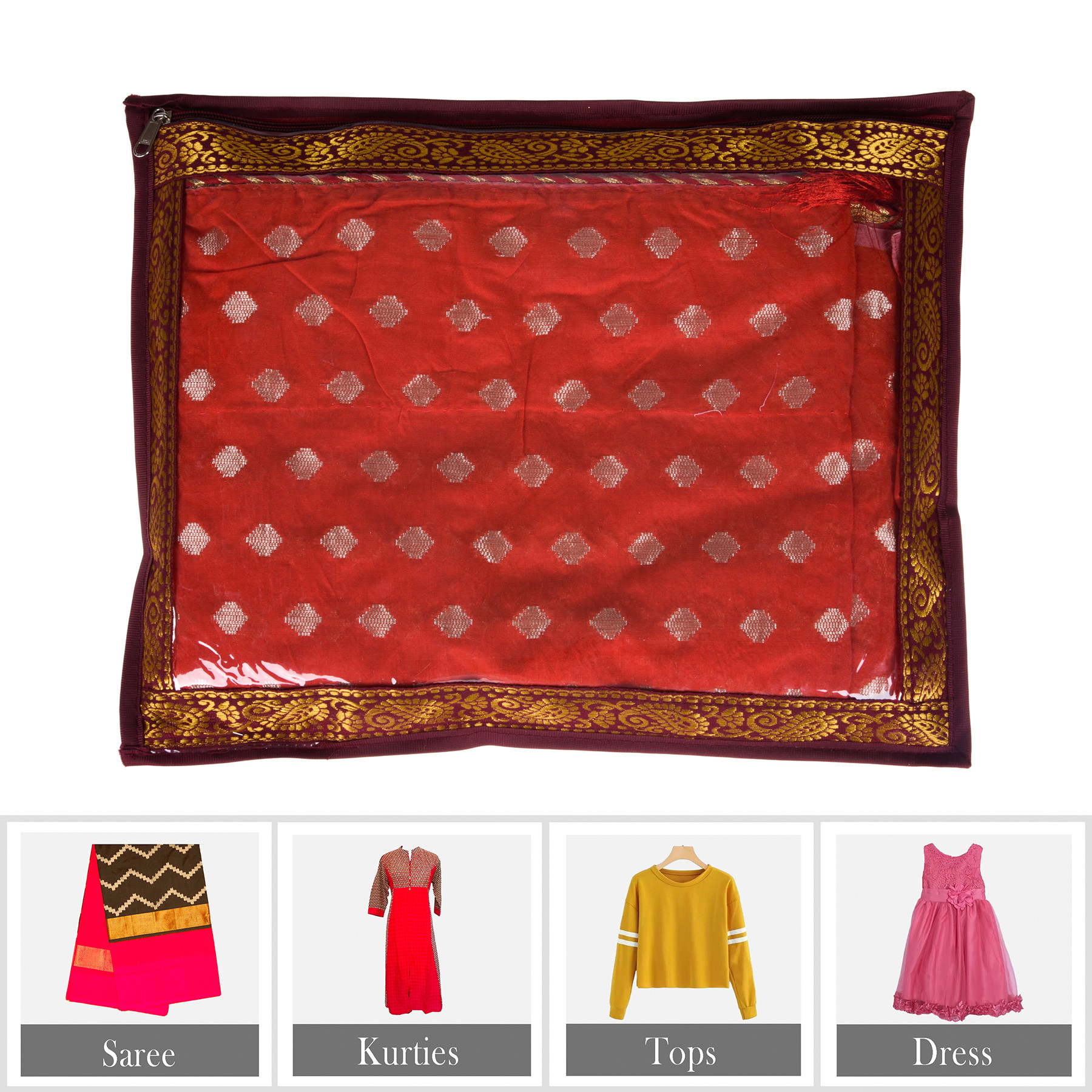 Kuber Industries Saree Cover  Clothes Storage Bag  Single Packing Saree with Zip Closure  Wardrobe Organizer  Cloth Stoarge Organizer  4 Side Lace Design  Pack of 6  Maroon