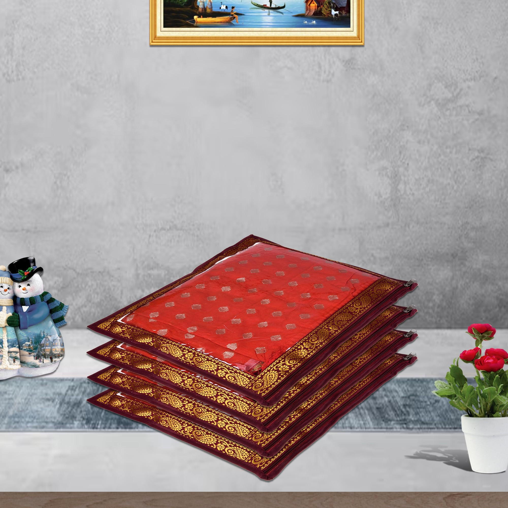 Kuber Industries Saree Cover  Clothes Storage Bag  Single Packing Saree with Zip Closure  Wardrobe Organizer  Cloth Stoarge Organizer  4 Side Lace Design  Pack of 6  Maroon