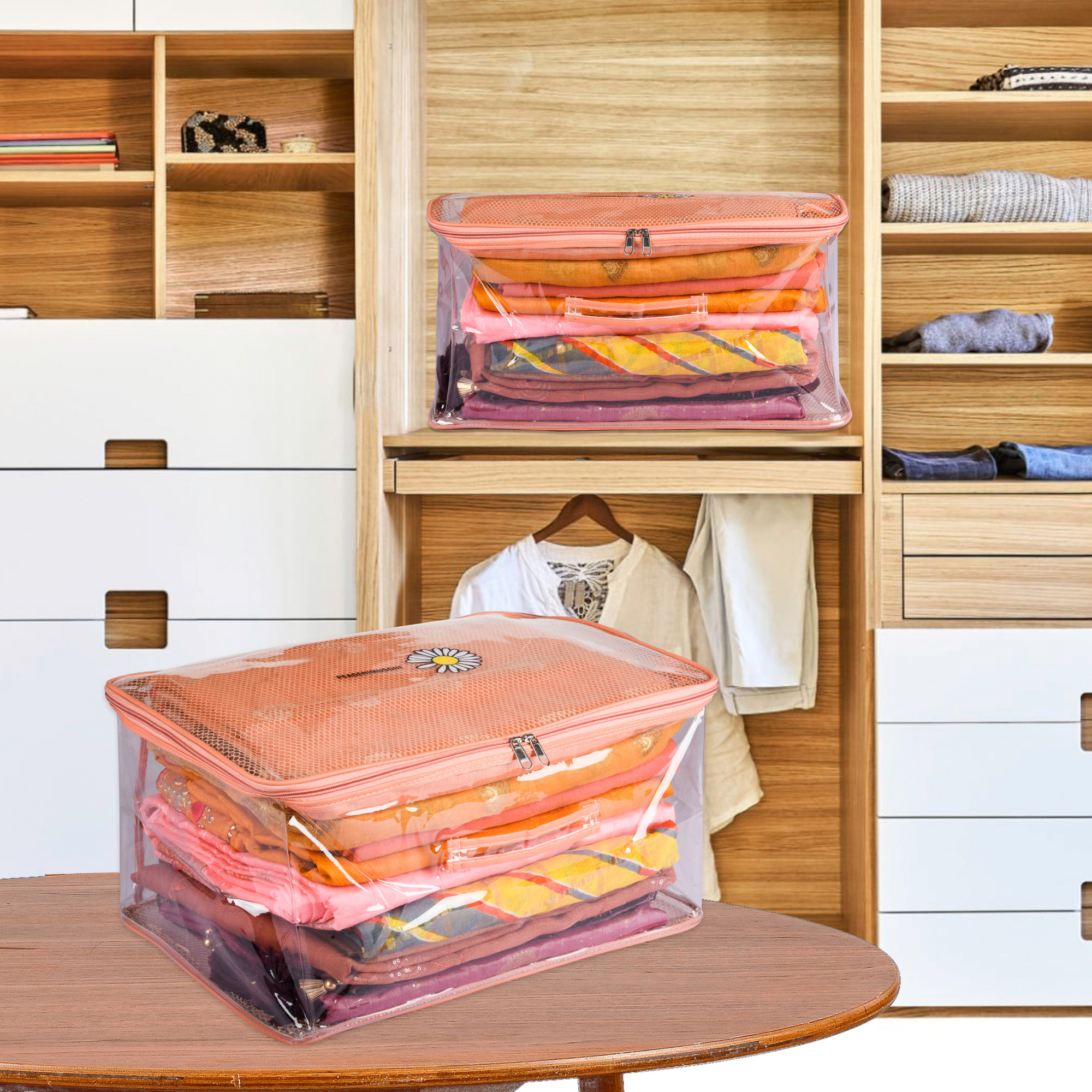 Kuber Industries Saree Cover  Clothes Storage Bag  Wardrobe Organizer  Cloth Storage Organizer  Net Transparent Saree Bag with Handle  Sunflower Storage Cover  9 Inch  Peach