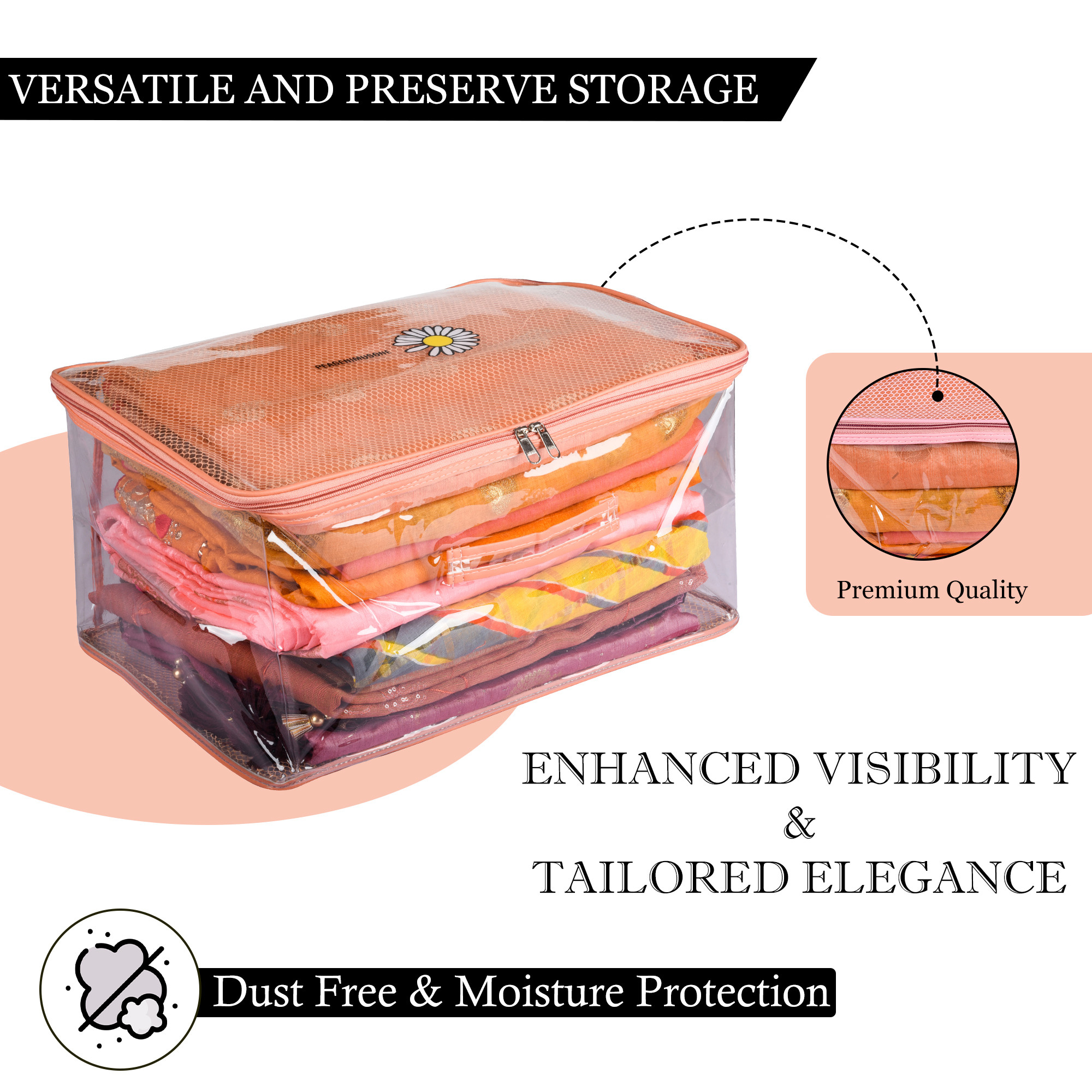 Kuber Industries Saree Cover  Clothes Storage Bag  Wardrobe Organizer  Cloth Storage Organizer  Net Transparent Saree Bag with Handle  Sunflower Storage Cover  9 Inch  Peach