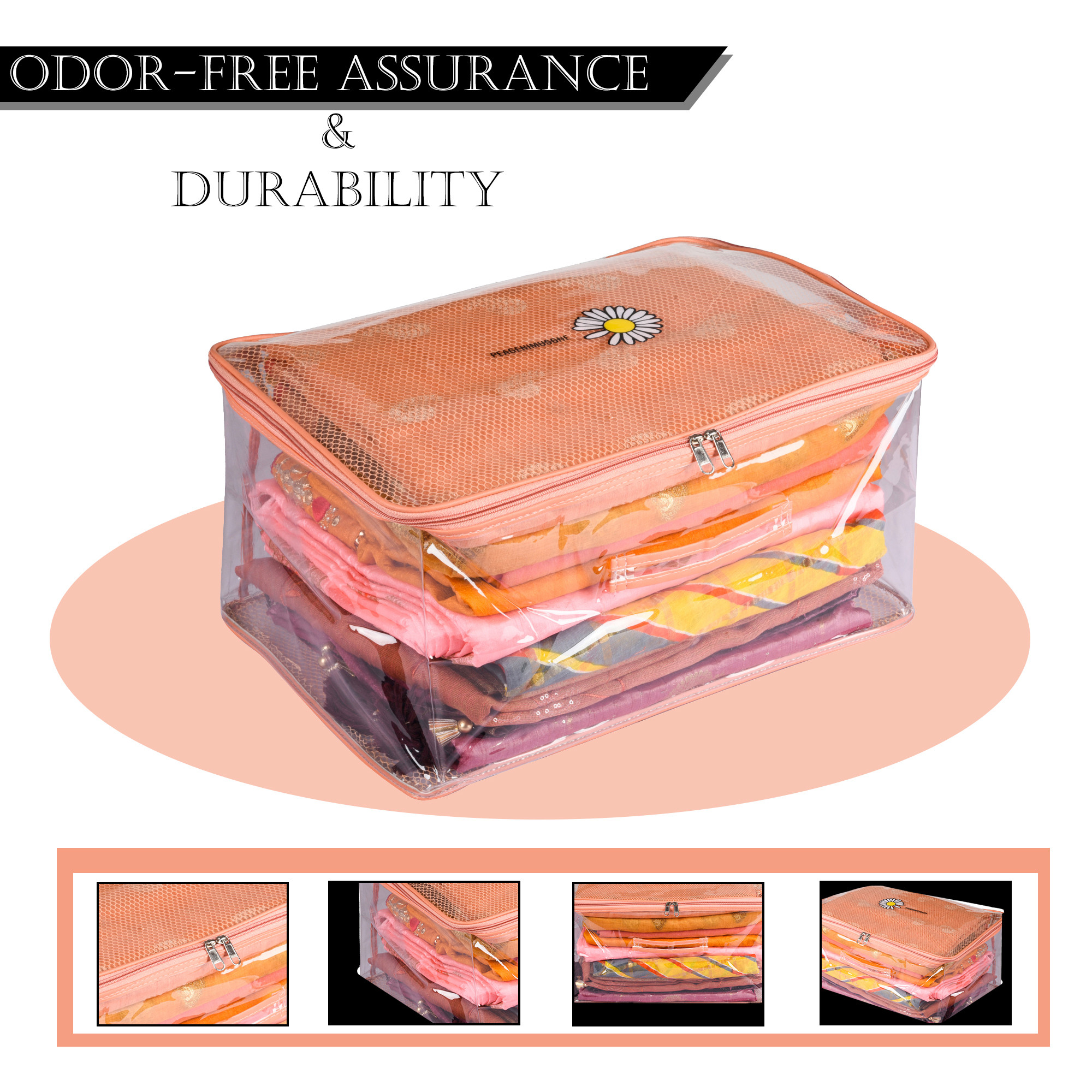 Kuber Industries Saree Cover  Clothes Storage Bag  Wardrobe Organizer  Cloth Storage Organizer  Net Transparent Saree Bag with Handle  Sunflower Storage Cover  9 Inch  Peach
