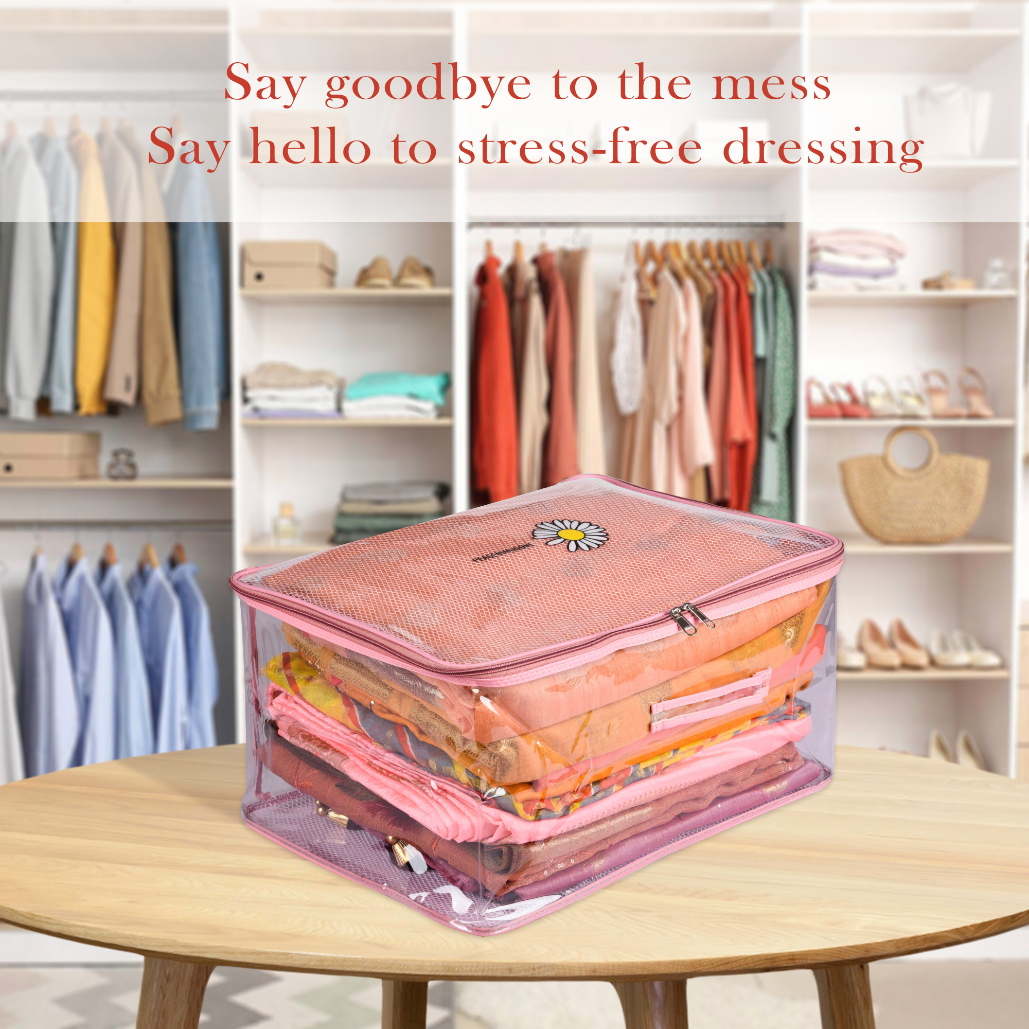 Kuber Industries Saree Cover  Clothes Storage Bag  Wardrobe Organizer  Cloth Storage Organizer  Net Transparent Saree Bag with Handle  Sunflower Storage Cover  9 Inch  Pink