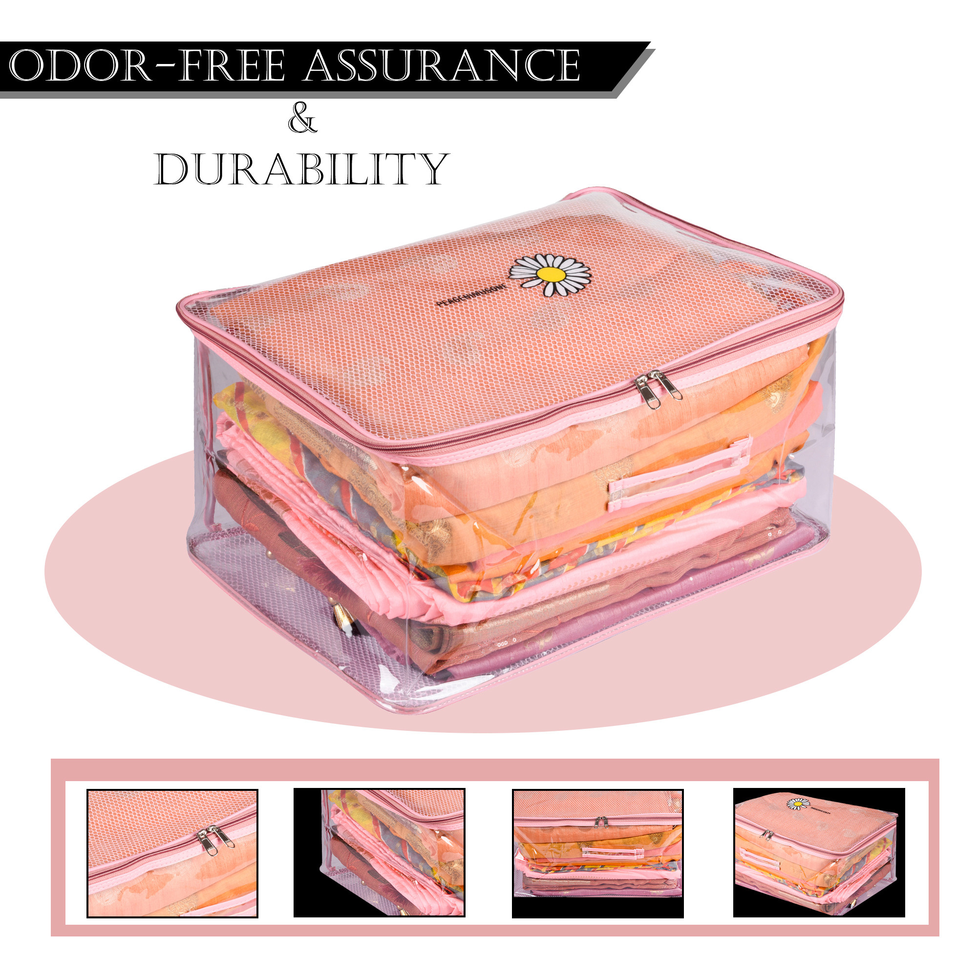 Kuber Industries Saree Cover  Clothes Storage Bag  Wardrobe Organizer  Cloth Storage Organizer  Net Transparent Saree Bag with Handle  Sunflower Storage Cover  9 Inch  Pink