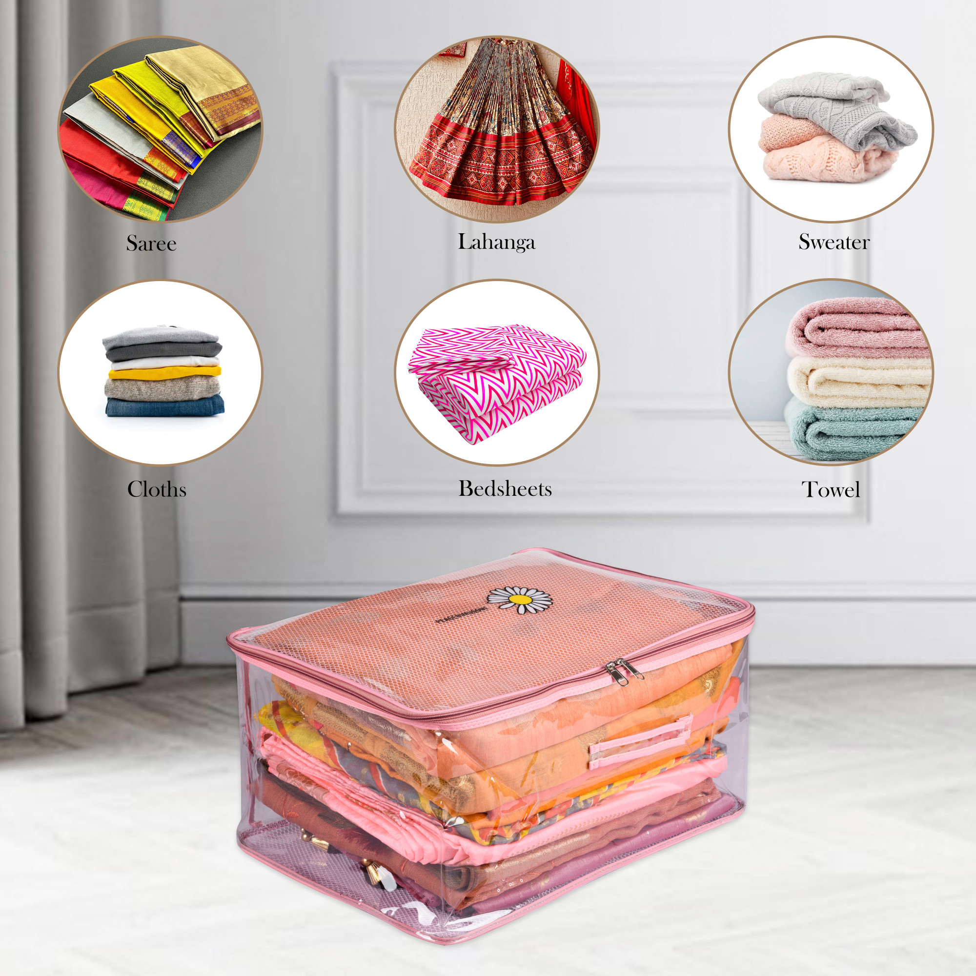 Kuber Industries Saree Cover  Clothes Storage Bag  Wardrobe Organizer  Cloth Storage Organizer  Net Transparent Saree Bag with Handle  Sunflower Storage Cover  9 Inch  Pink