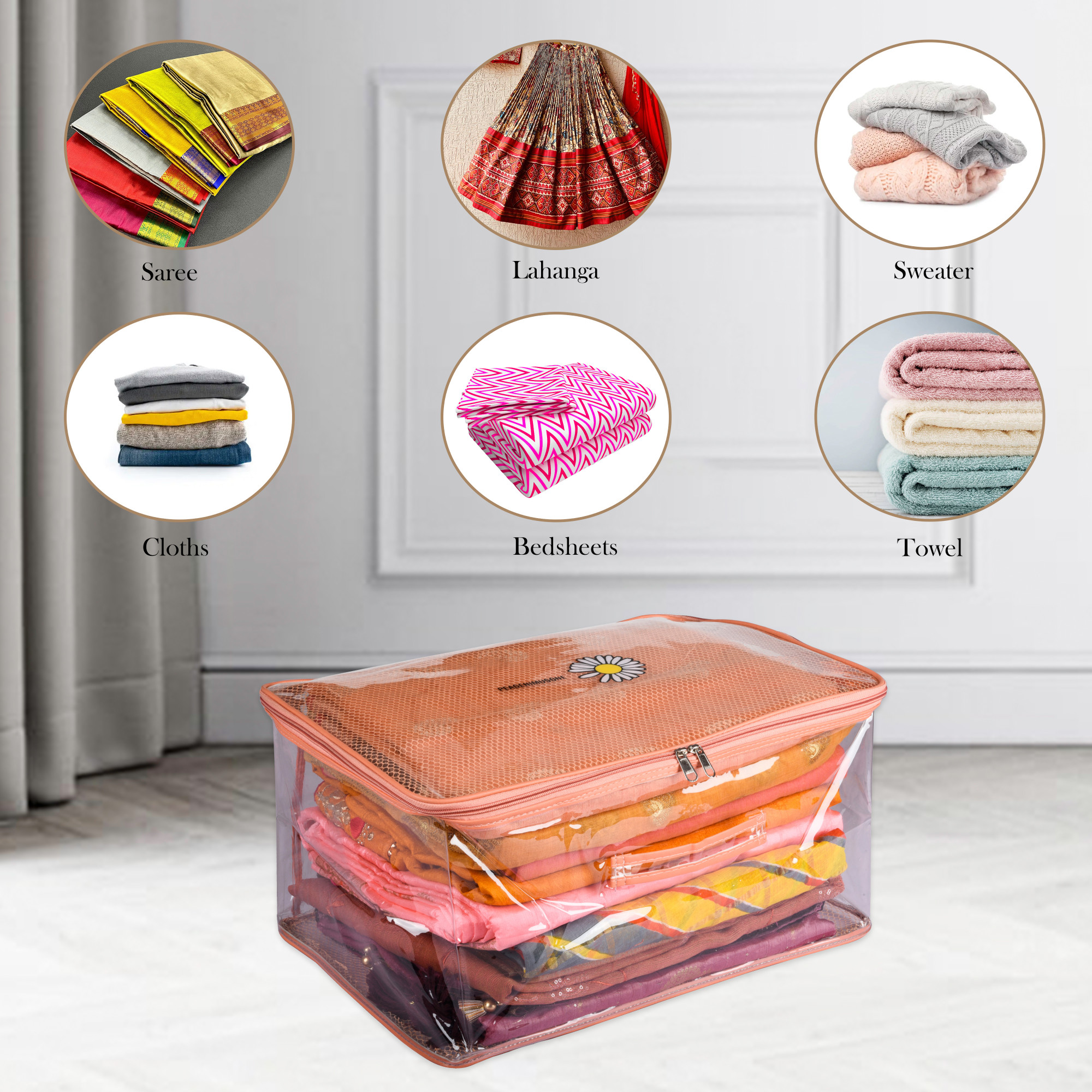 Kuber Industries Saree Cover  Clothes Storage Bag  Wardrobe Organizer  Cloth Storage Organizer  Net Transparent Saree Bag with Handle  Sunflower Storage Cover  9 Inch  Peach