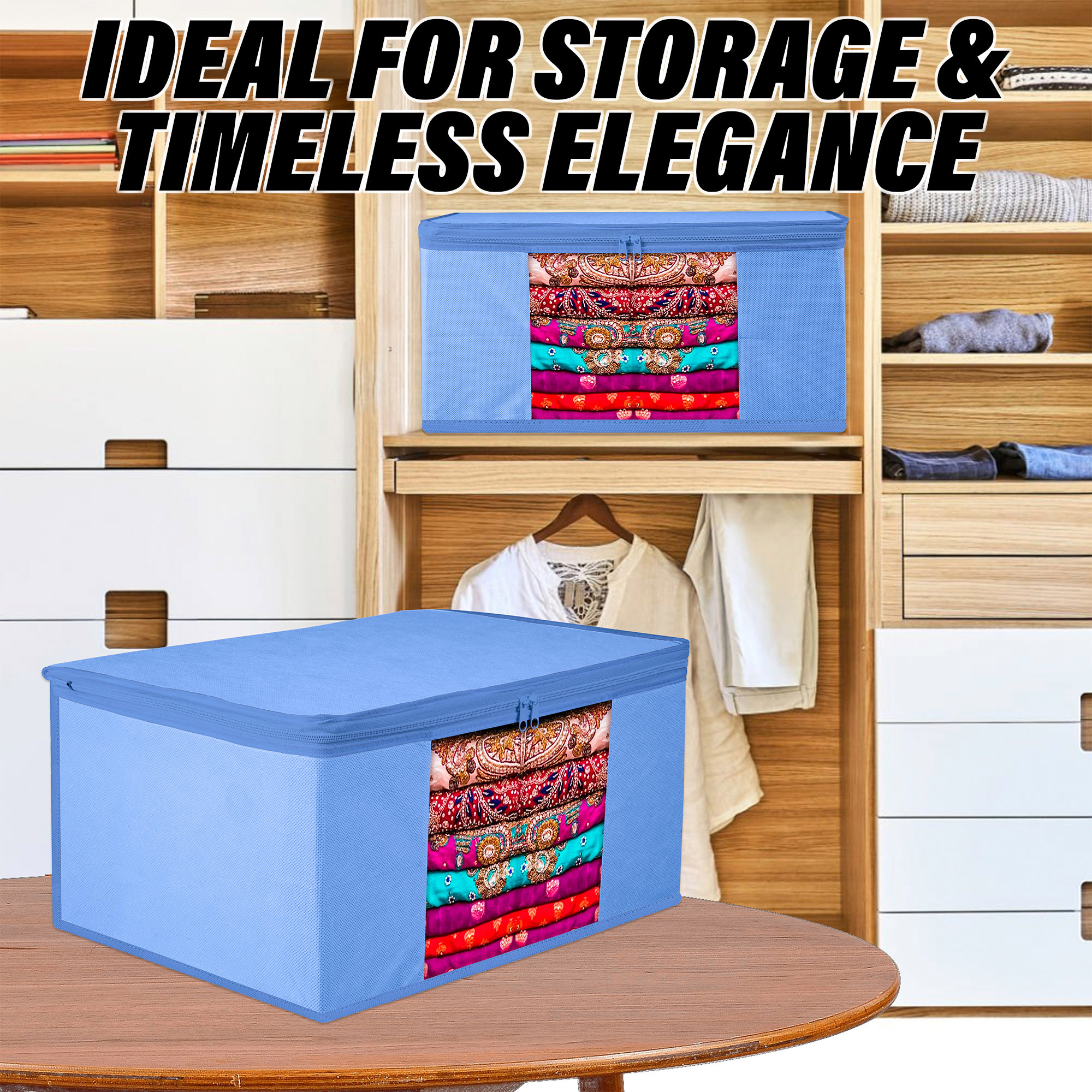 Kuber Industries Saree Cover  Clothes Storage Bag  Wardrobe Organizer  Zip Closure Saree Cover  Transparent Window Saree Cover  Plain Saree Cover  9 Inch  Pack of 3  Light Blue