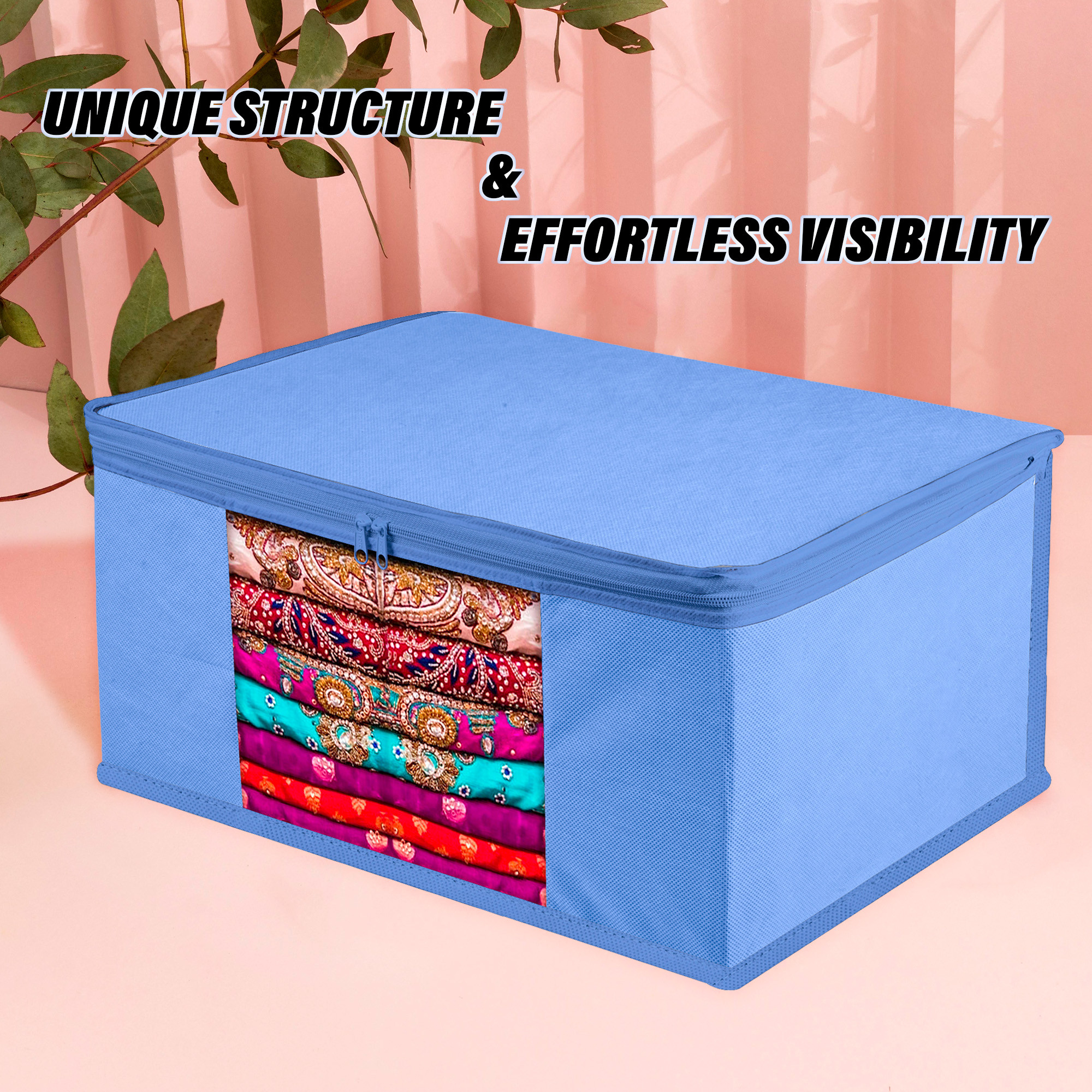 Kuber Industries Saree Cover  Clothes Storage Bag  Wardrobe Organizer  Zip Closure Saree Cover  Transparent Window Saree Cover  Plain Saree Cover  9 Inch  Pack of 3  Light Blue